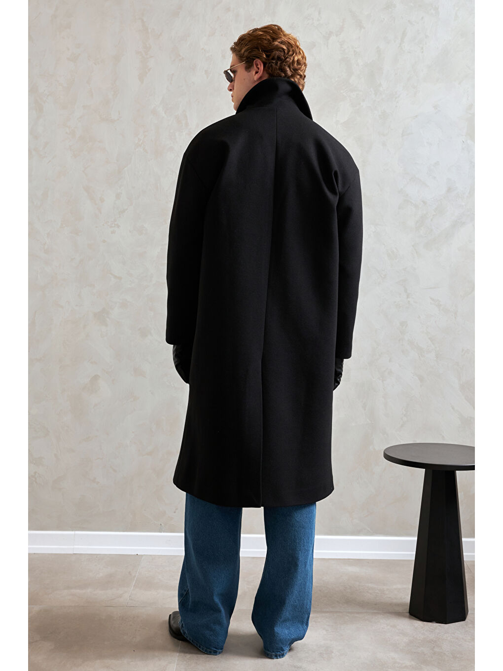 Siyah Erkek Oversize Astarlı Uzun Kaşe Kaban-2