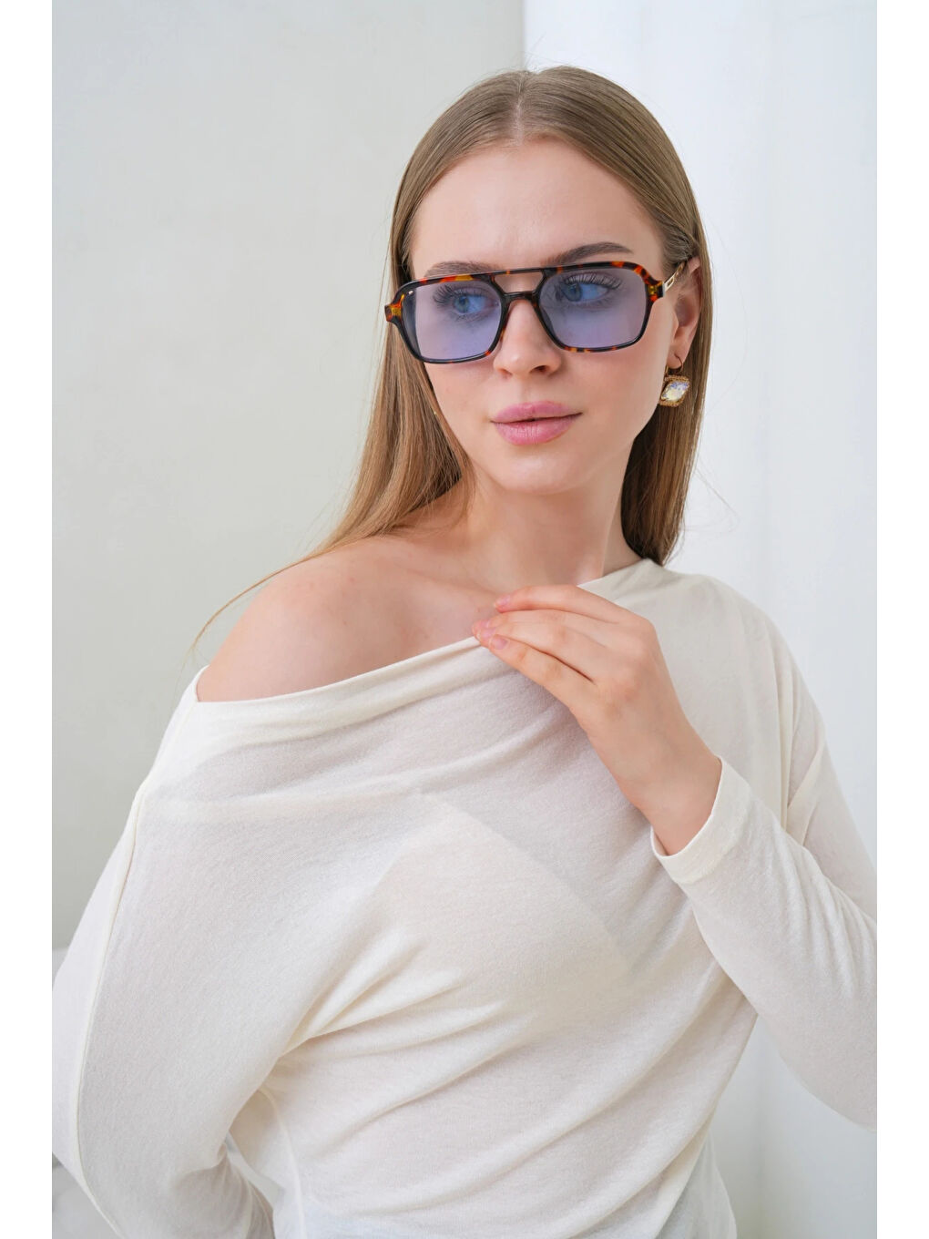 Ekru Kadın Kayık Yaka Yarasa Kol Elastanlı Penye Bluz-4