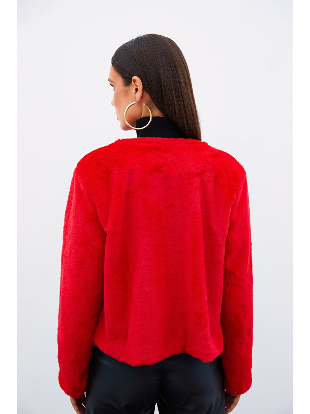 Yakasız Pelüş Ceket - Kırmızı-1