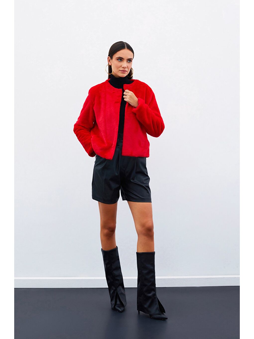 Yakasız Pelüş Ceket - Kırmızı-2