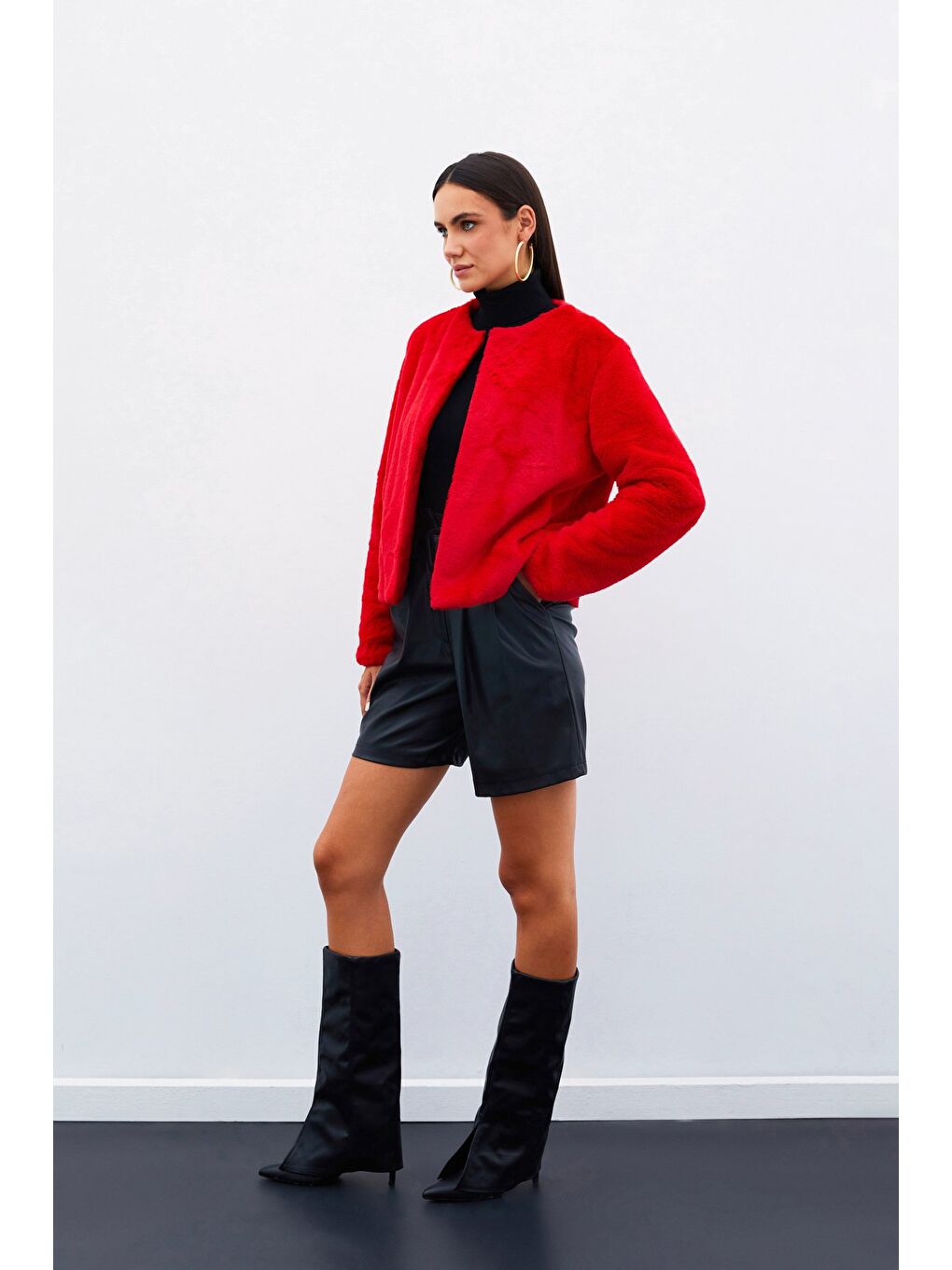 Yakasız Pelüş Ceket - Kırmızı-3