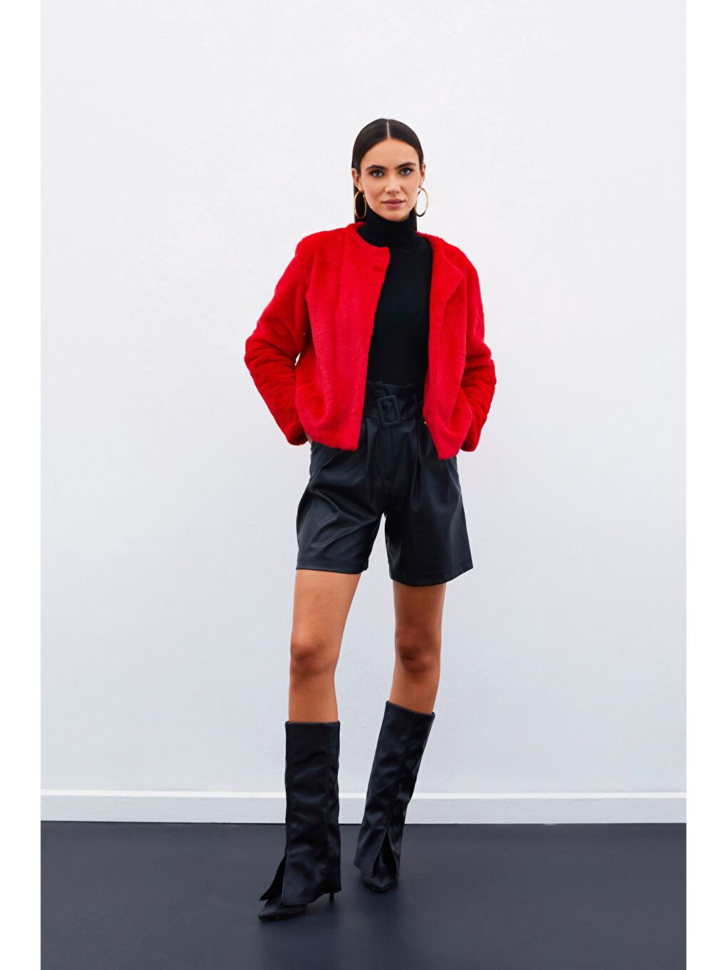 Yakasız Pelüş Ceket - Kırmızı-4