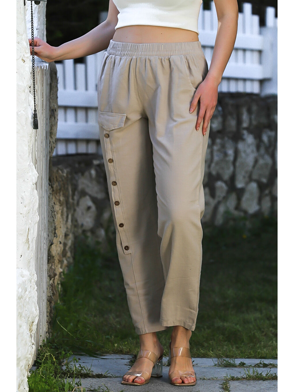 Bej Cepli Yıkamalı Lastikli Bel Jogger Paça Casual Keten Karışımlı Dokuma Pantolon 104 62