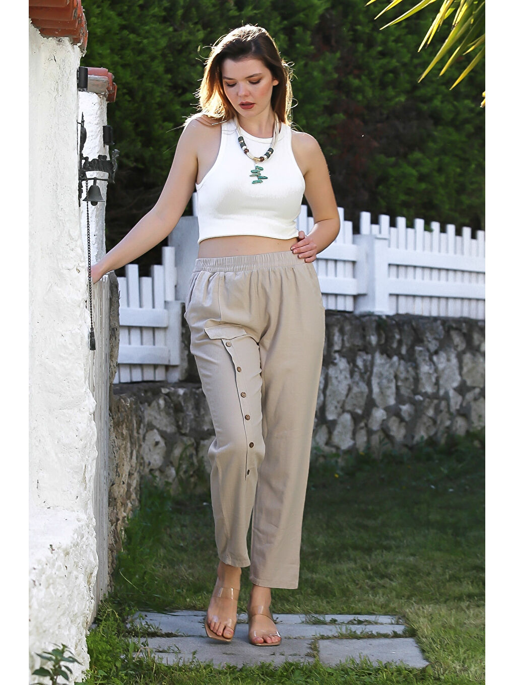 Bej Cepli Yıkamalı Lastikli Bel Jogger Paça Casual Keten Karışımlı Dokuma Pantolon 104 62-1