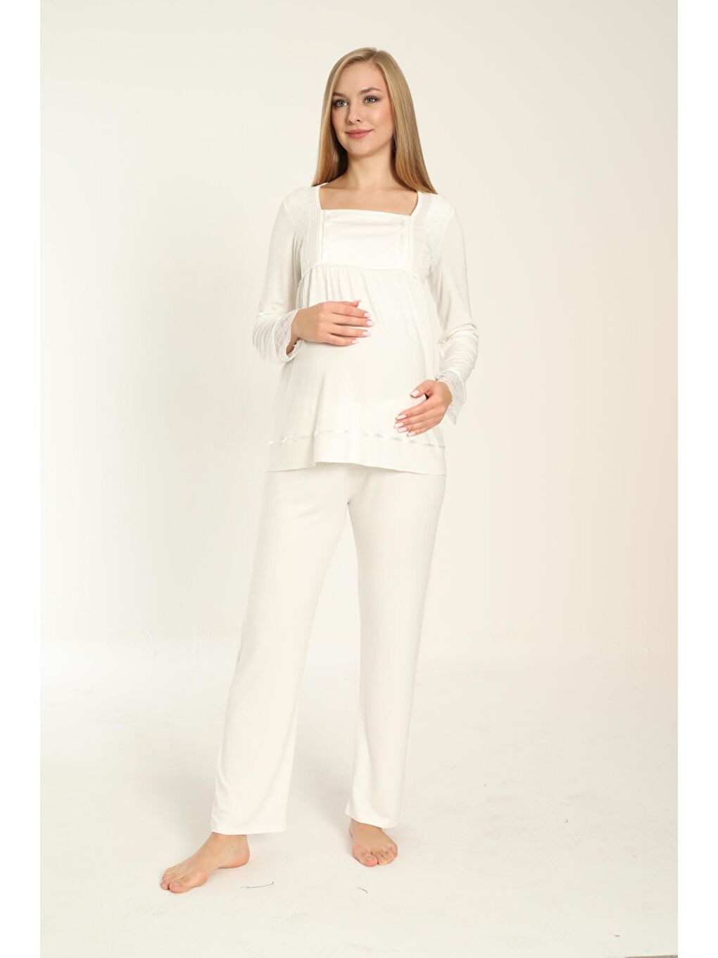 Uzun Kol Beyaz Hamile ve Lohusa Pijama Takımı-2