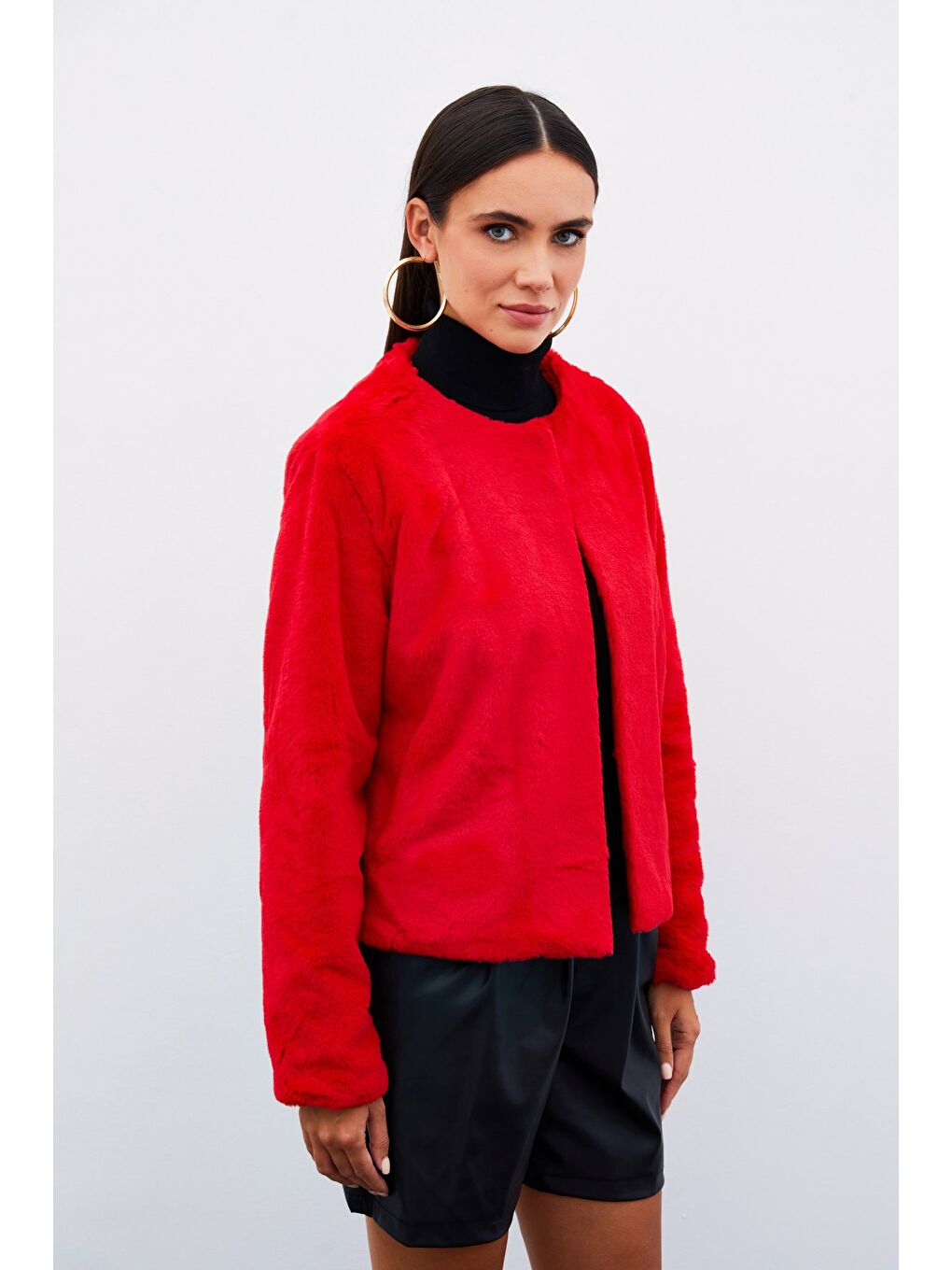 Yakasız Pelüş Ceket - Kırmızı-5