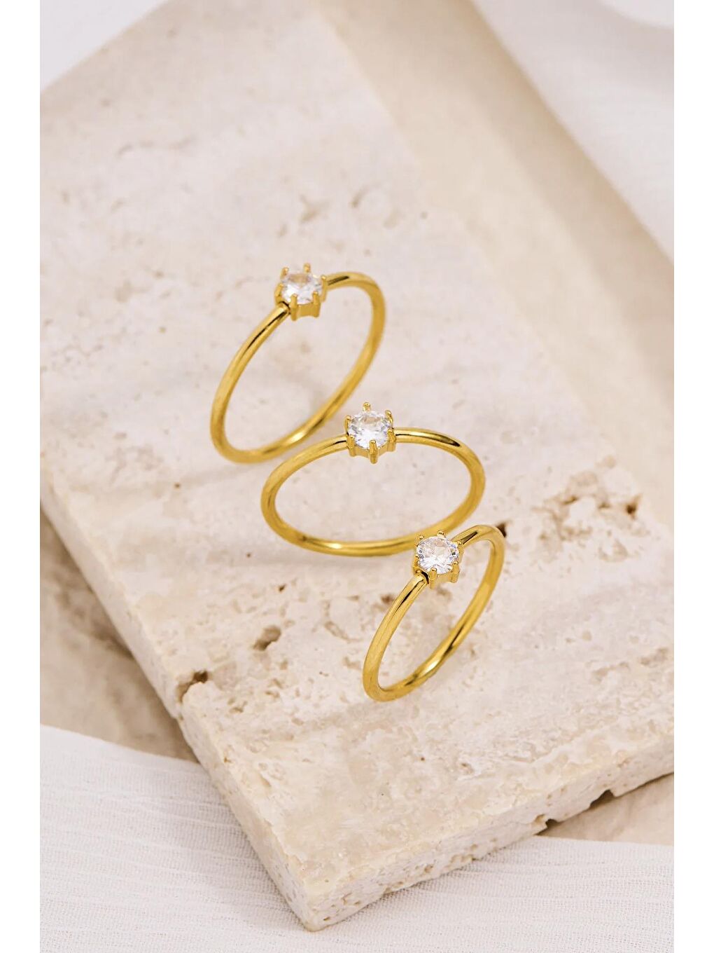 Beyaz Çelik Yuvarlak Zirkon Taşlı Minimal Eklem Yüzük Seti 3 adet-1