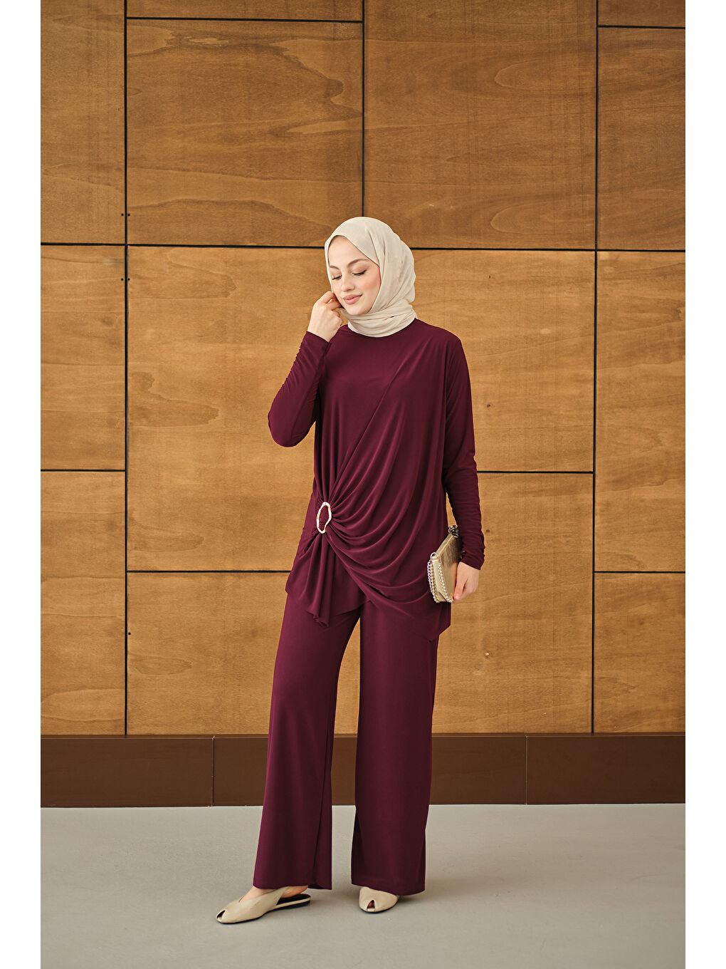 Kadın Ön Bağlamalı Süs Detay Takım Mürdüm-2