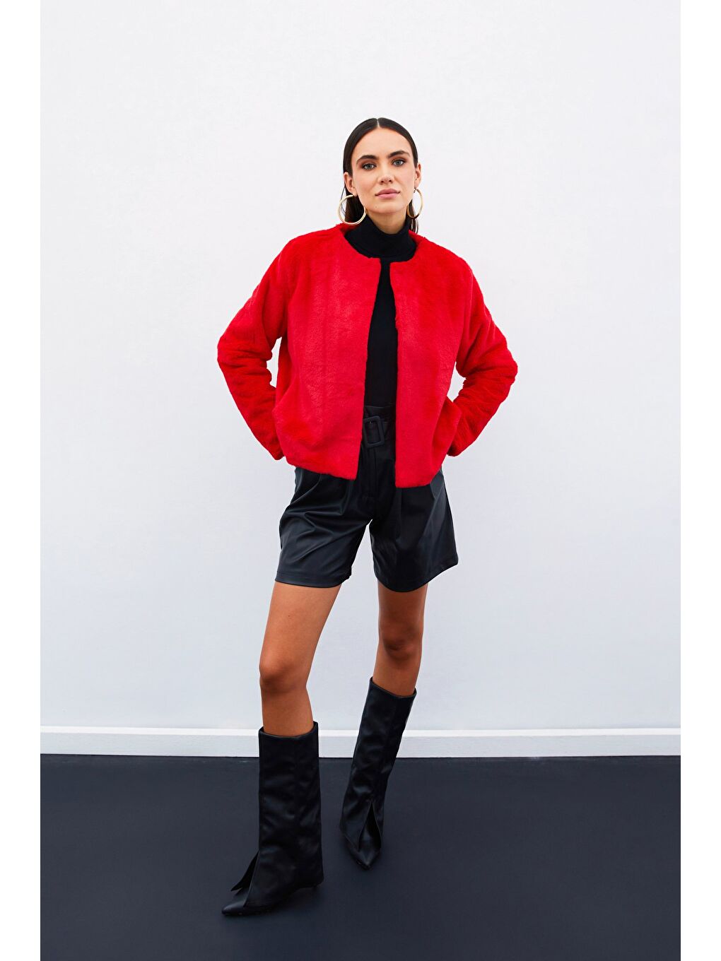 Yakasız Pelüş Ceket - Kırmızı-6