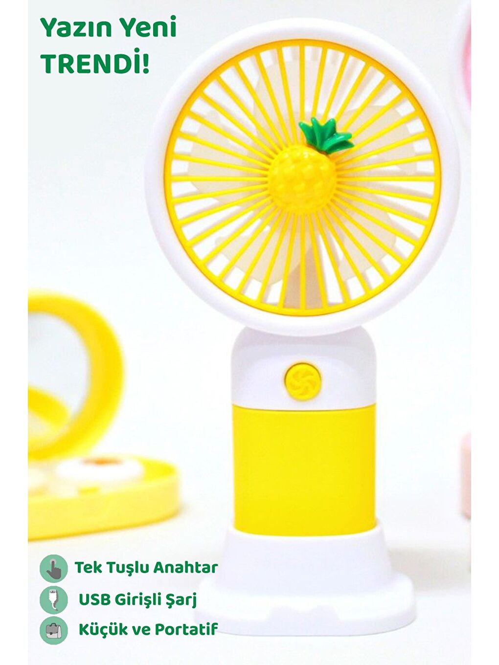 Ananas Figürlü Şarjlı El Fanı - Standlı Taşınabilir Şarj Edilebilir Soğutucu Mini Masa Fanı Sarı-3