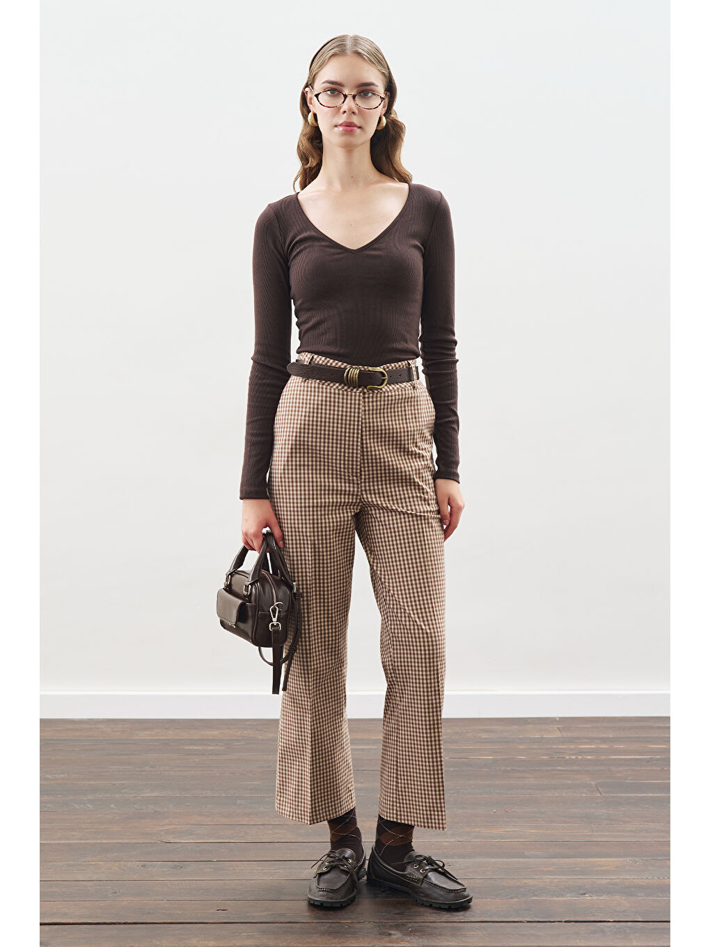 Karışık Flare Kesim Pantolon Ekose