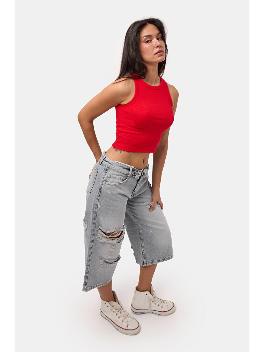 Kadın Kırmızı s6-19 Sıfır Kol Esnek Kumaş Crop Top-1