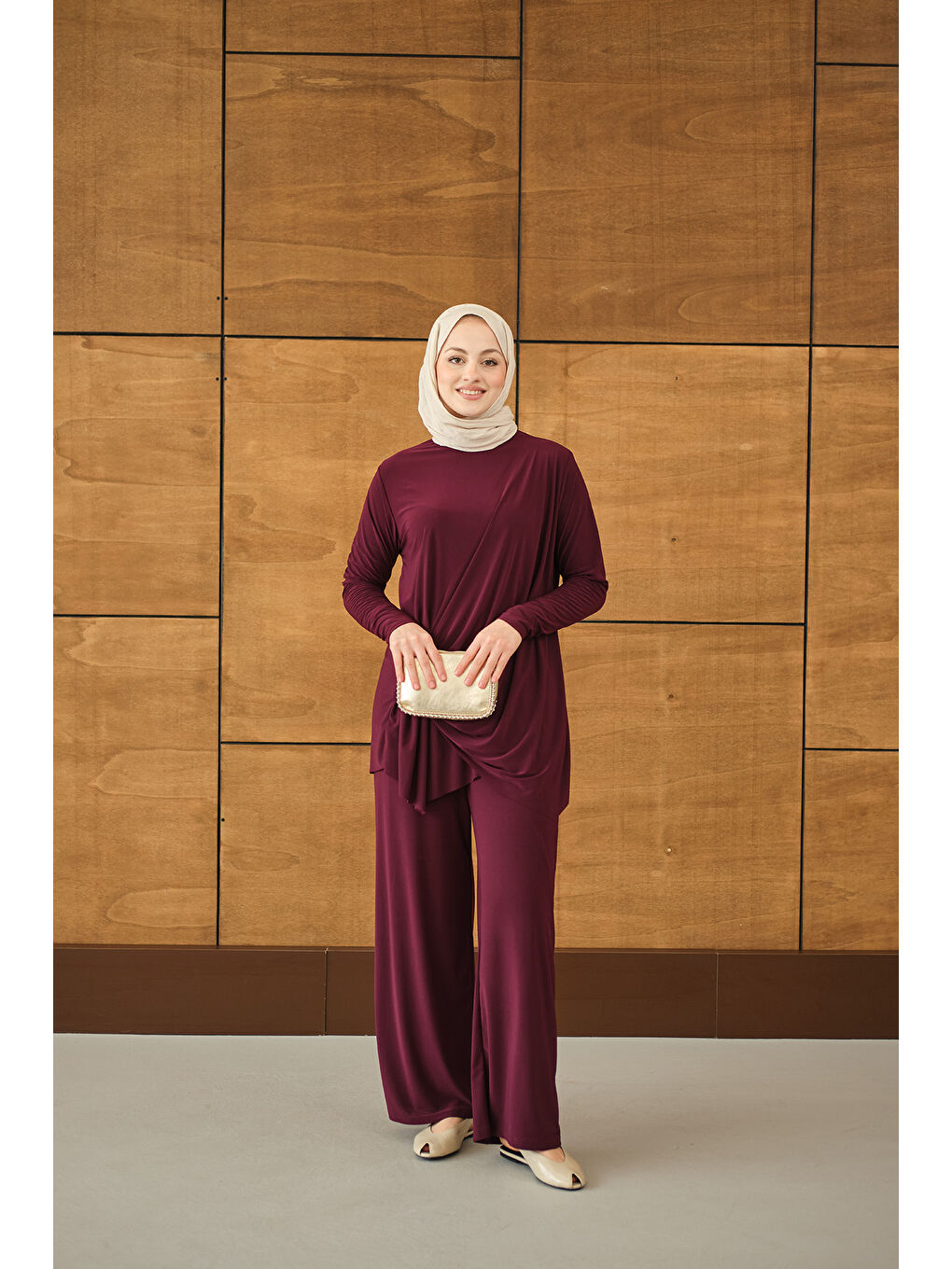 Kadın Ön Bağlamalı Süs Detay Takım Mürdüm-3