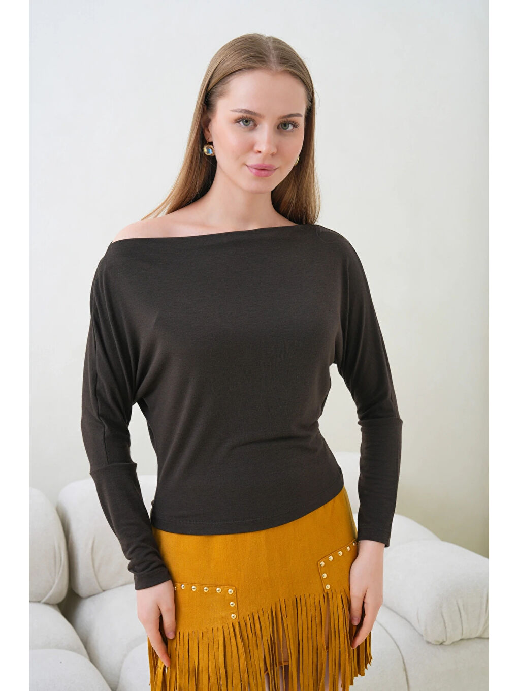 Kahverengi Kadın Kayık Yaka Yarasa Kol Elastanlı Penye Bluz-3