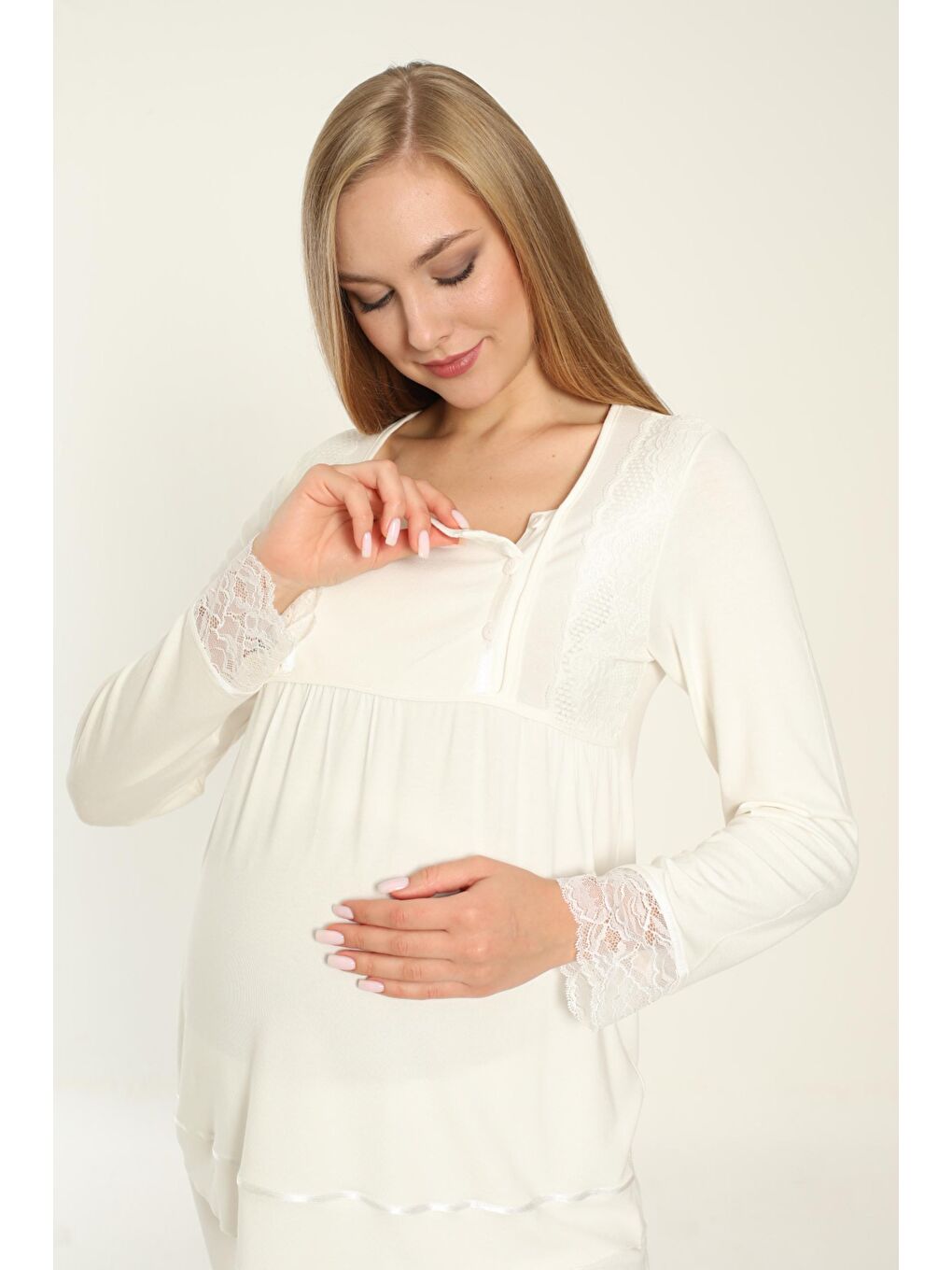 Uzun Kol Beyaz Hamile ve Lohusa Pijama Takımı-3