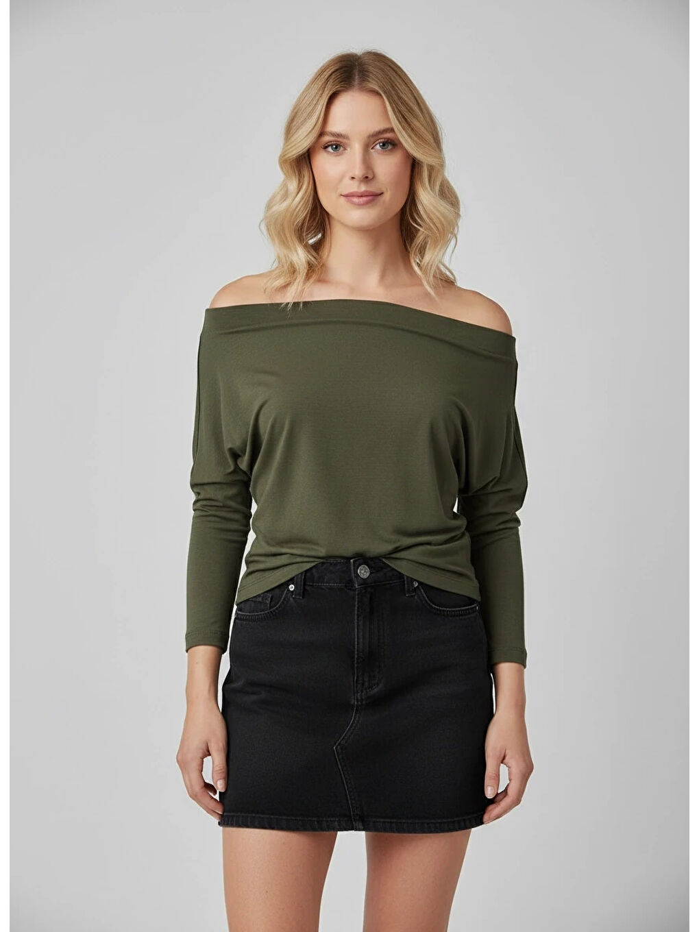 Haki Kadın Kayık Yaka Yarasa Kol Elastanlı Penye Bluz