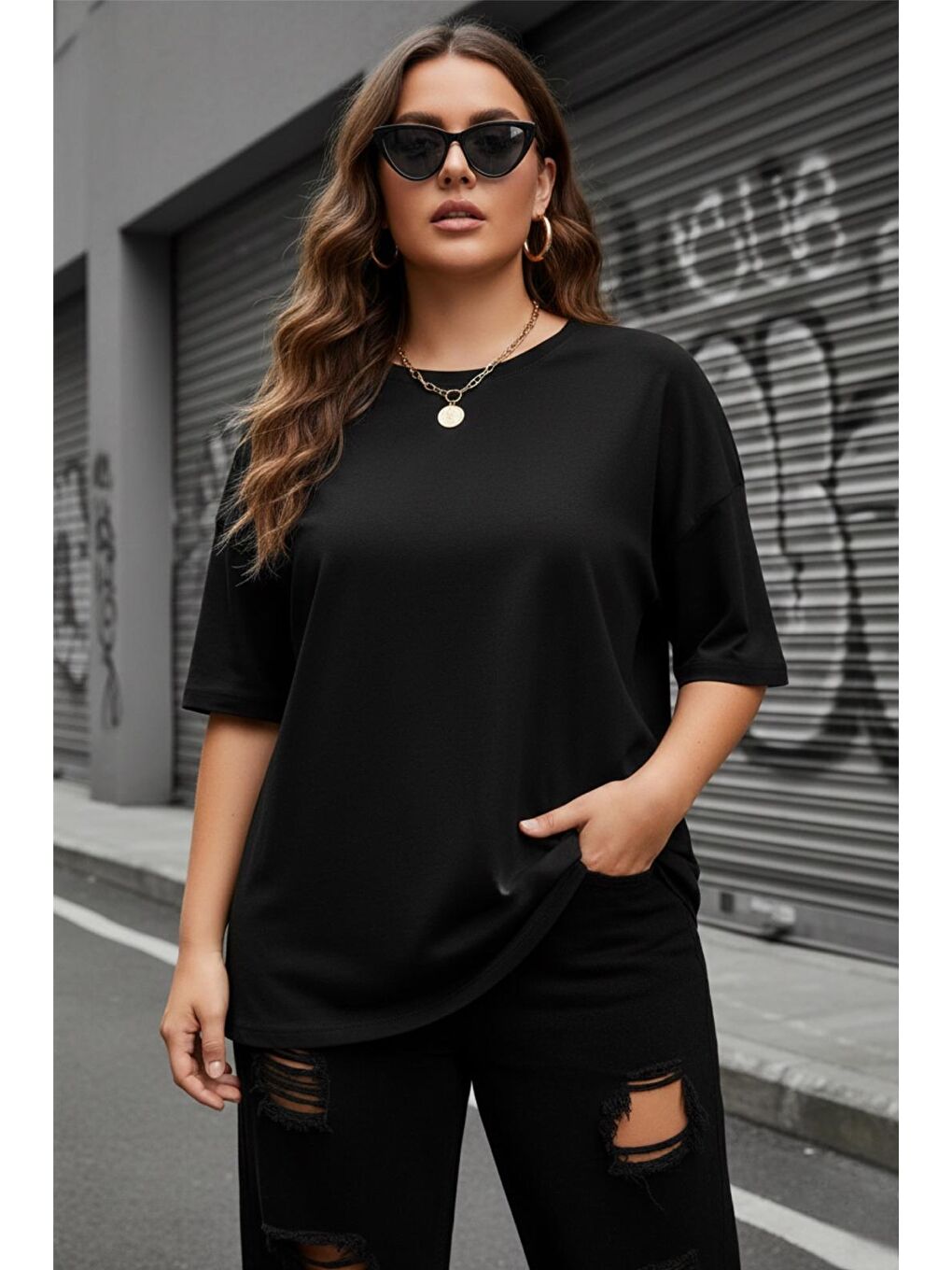 Siyah Mily Kadın Büyük Beden Battal Basic Bisiklet Yaka Pamuklu T-Shirt Rahat Kesim Unisex Sevgili Kombini-1