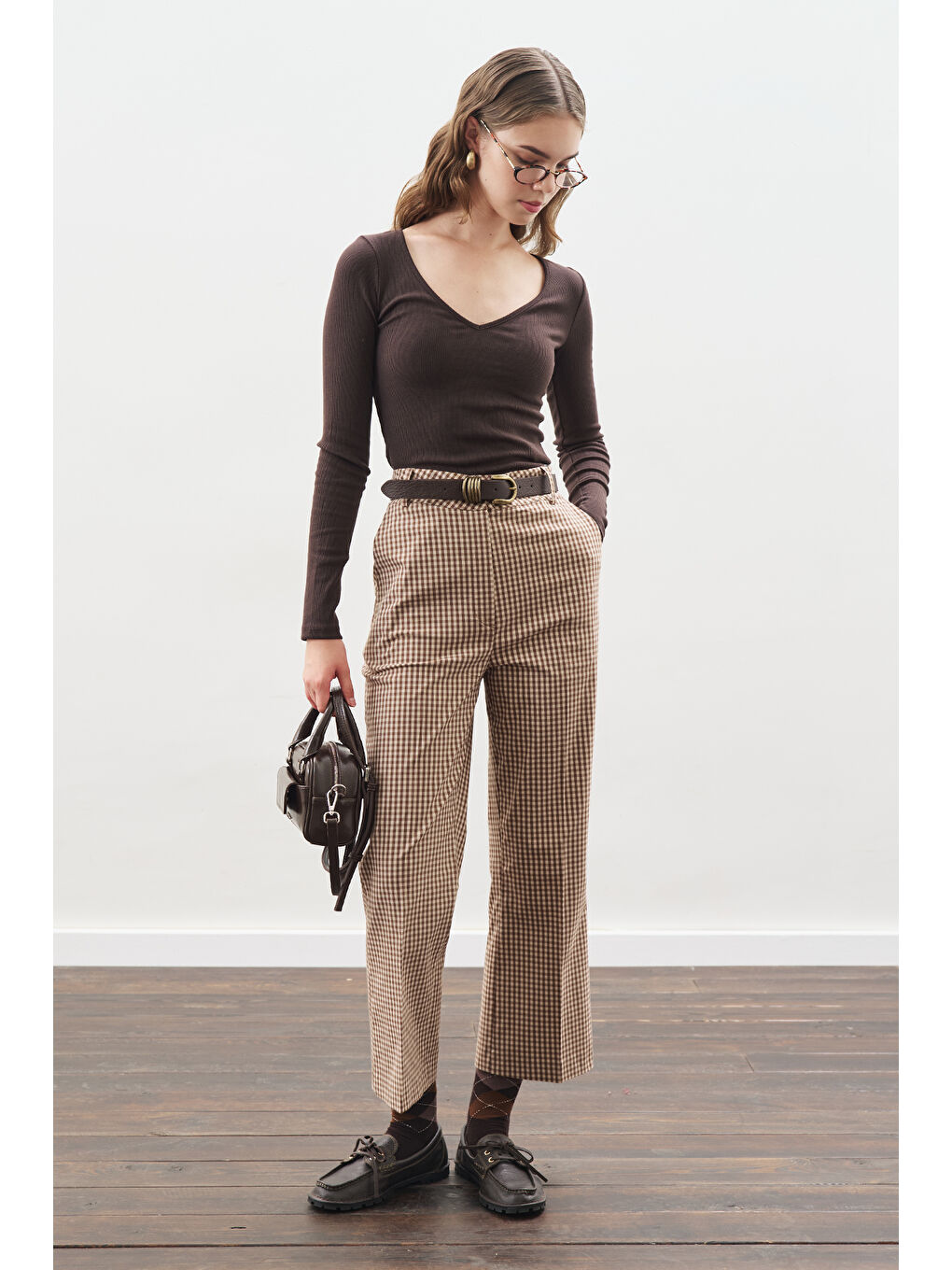 Karışık Flare Kesim Pantolon Ekose-1