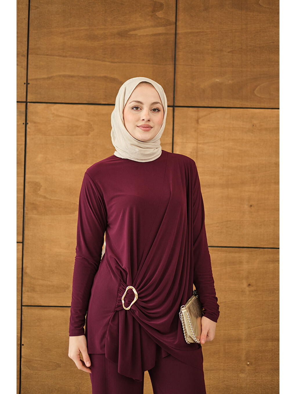 Kadın Ön Bağlamalı Süs Detay Takım Mürdüm-4