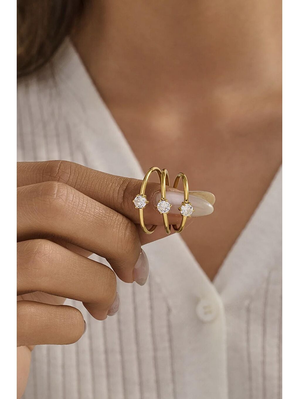 Beyaz Çelik Yuvarlak Zirkon Taşlı Minimal Eklem Yüzük Seti 3 adet-2