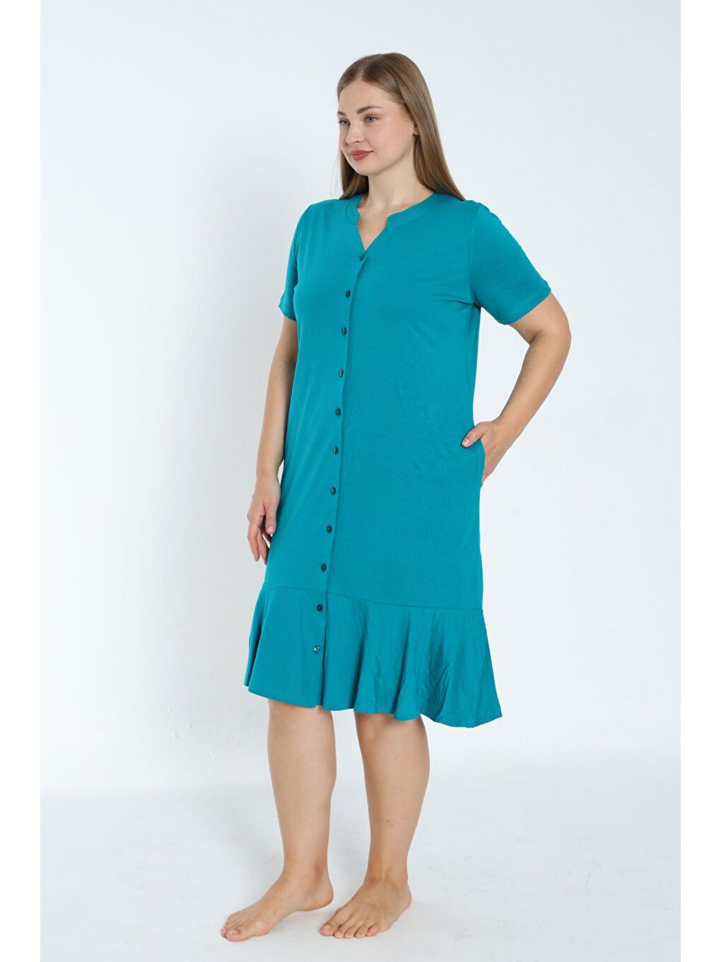 Turkuaz kadın büyük beden boydan düğmeli kısa kollu fırfırlı pamuklu elbise-1