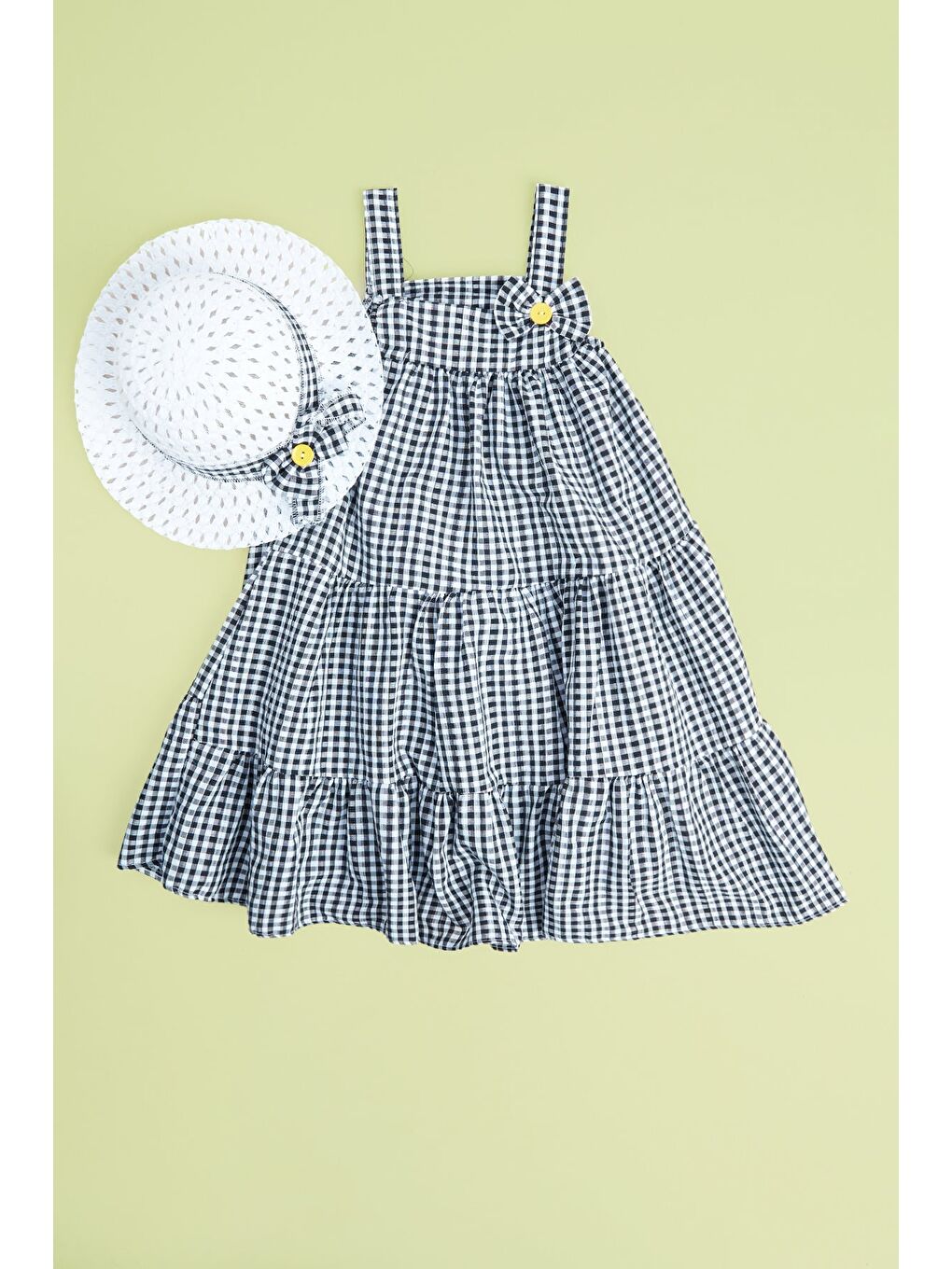 Siyah Pötikare Desenli Şapkalı Askılı  Kız Çocuk Elbise