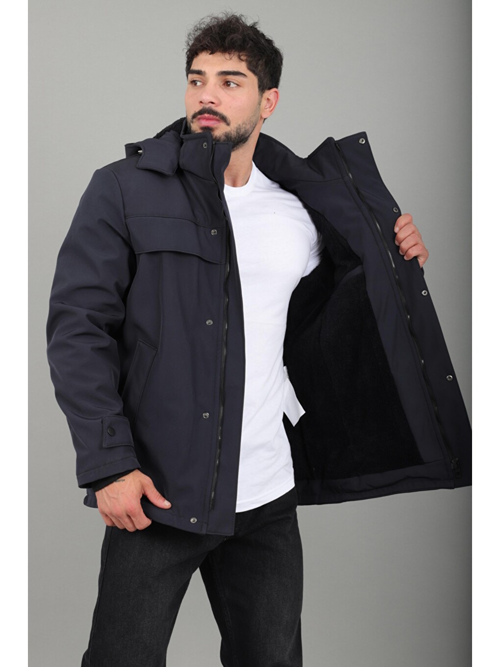 Lacivert İçi Kürklü Göğüs Detay Softsheel Kışlık Mont Kmd 833_50524-3