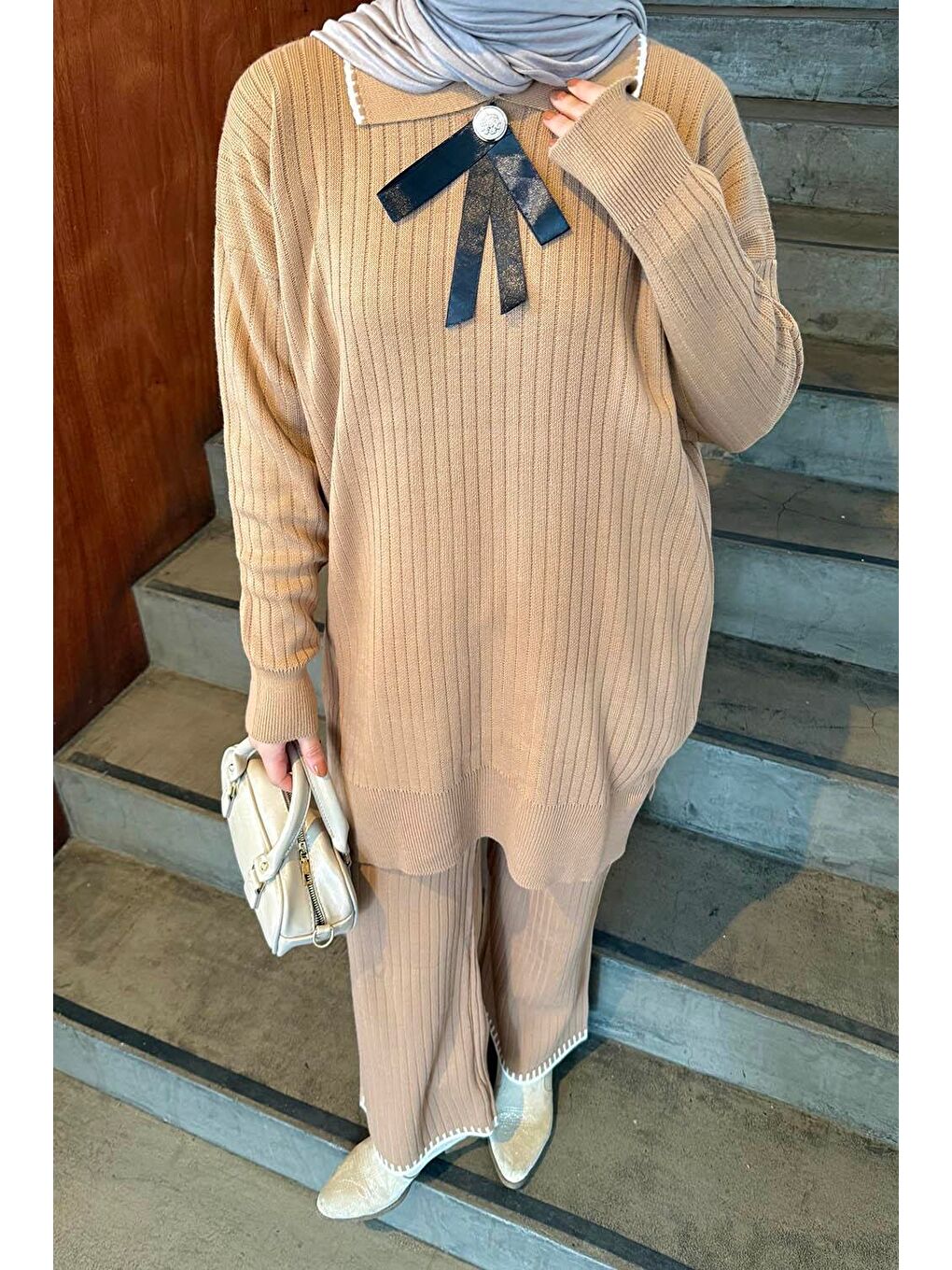 Kahverengi Kurdela Detaylı Triko Takım Camel-2