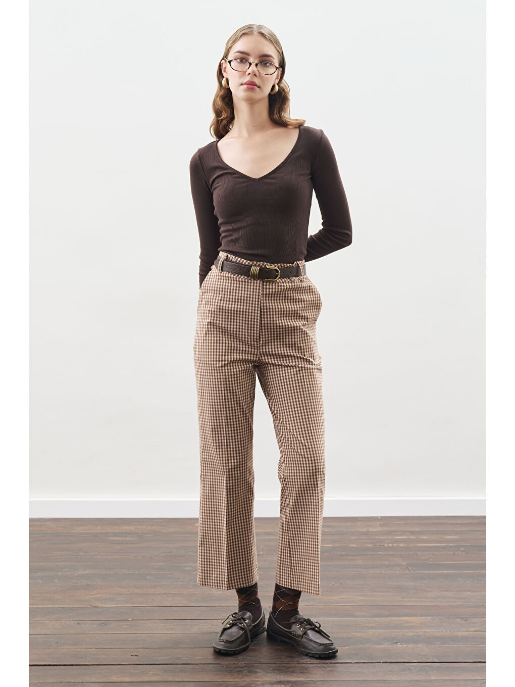 Karışık Flare Kesim Pantolon Ekose-2