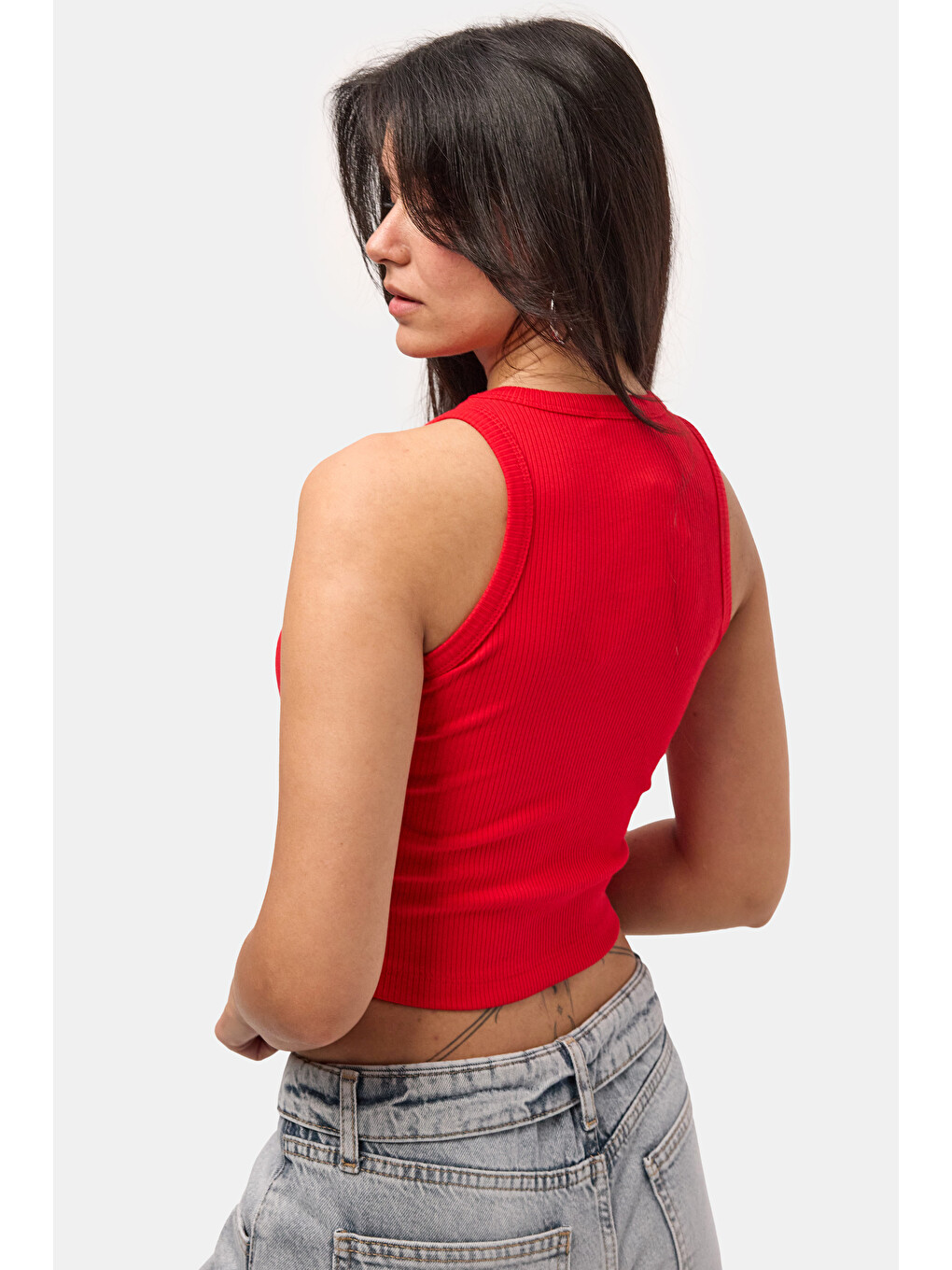 Kadın Kırmızı s6-19 Sıfır Kol Esnek Kumaş Crop Top-3