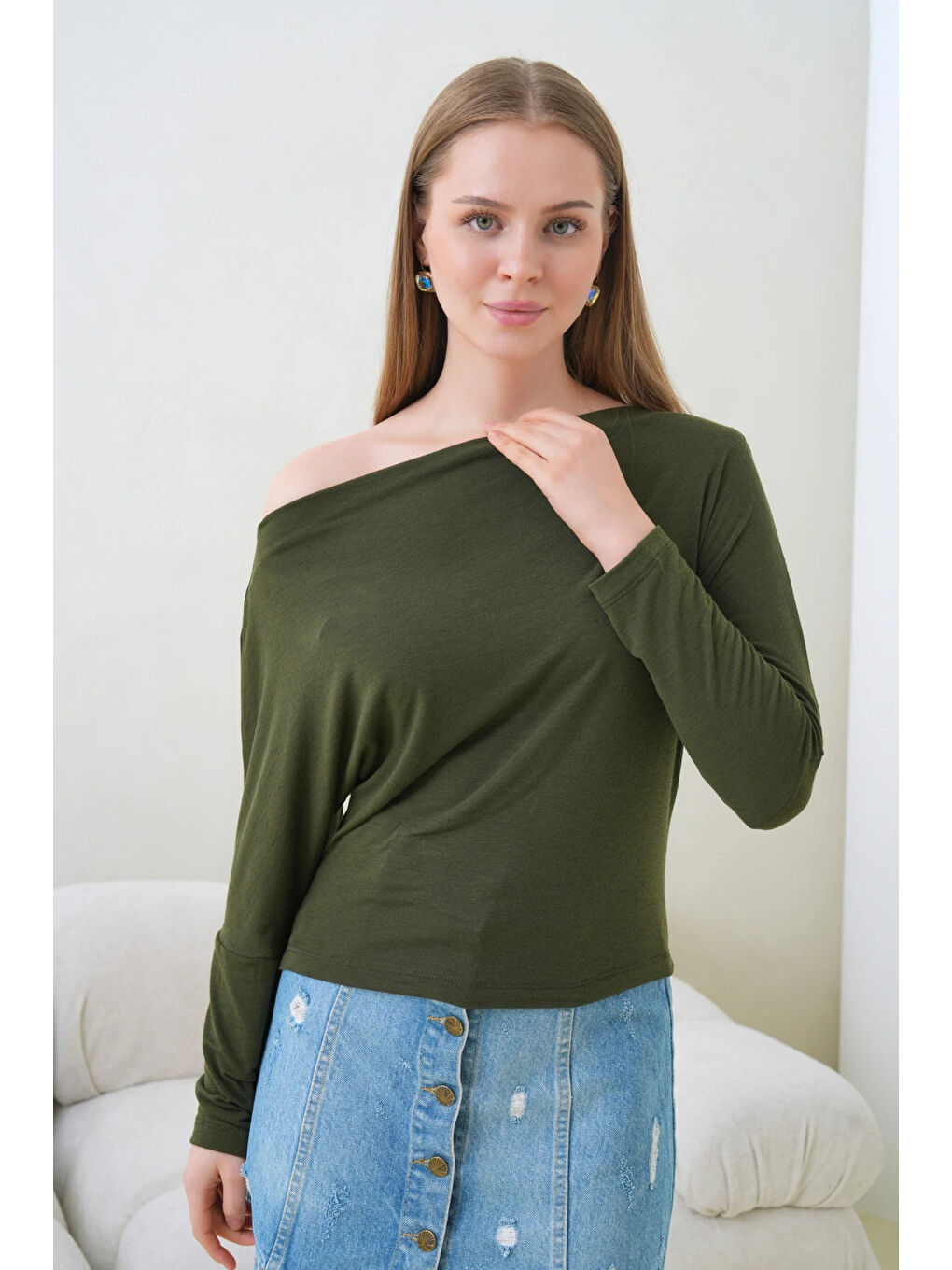 Haki Kadın Kayık Yaka Yarasa Kol Elastanlı Penye Bluz-2