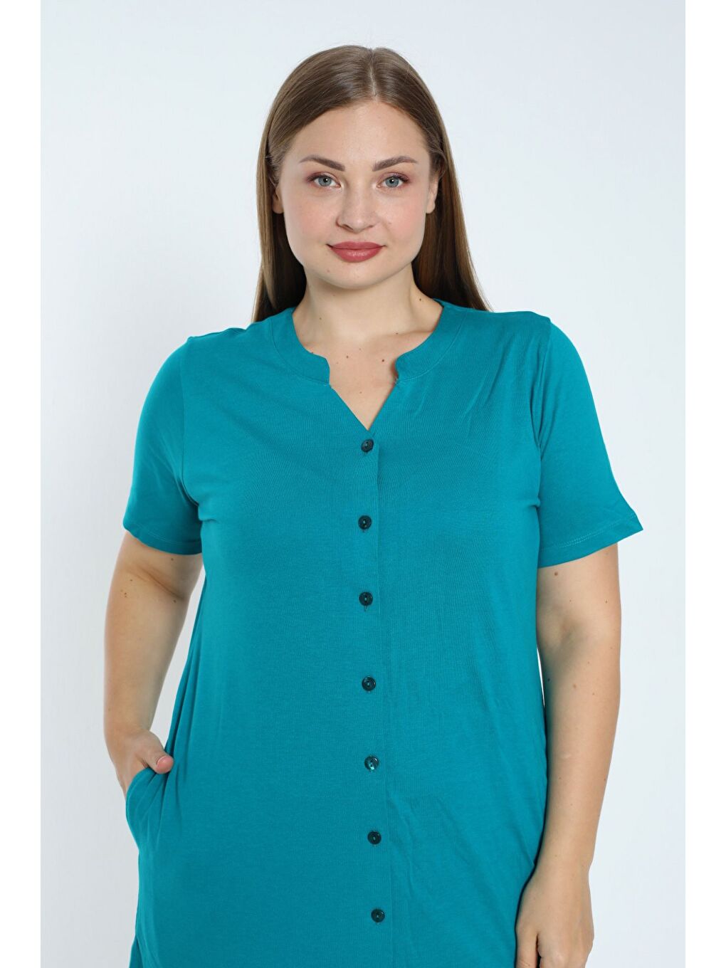 Turkuaz kadın büyük beden boydan düğmeli kısa kollu fırfırlı pamuklu elbise-2
