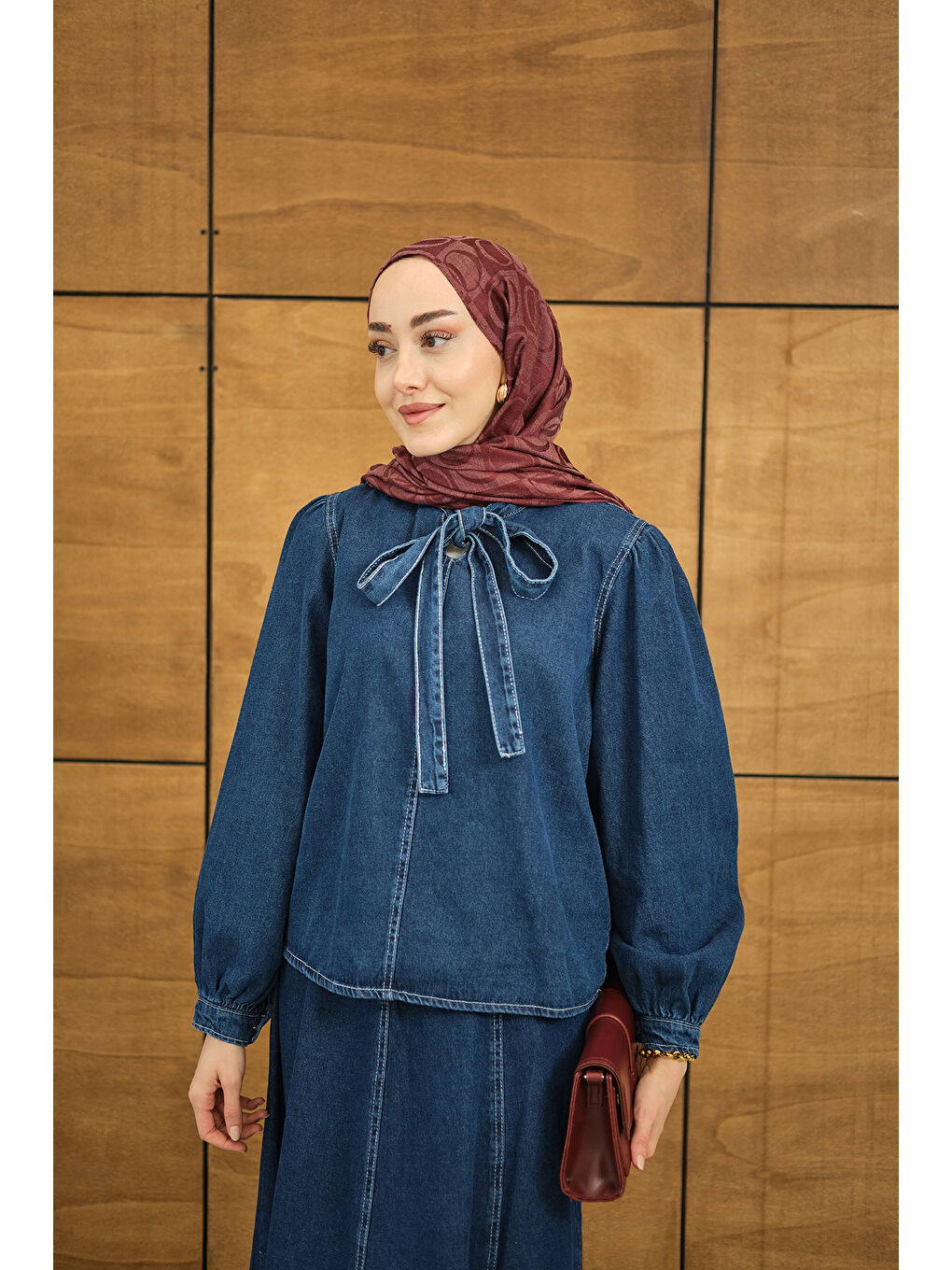 Kadın Yaka Bağlamalı Etekli Jean Takım Lacivert-1