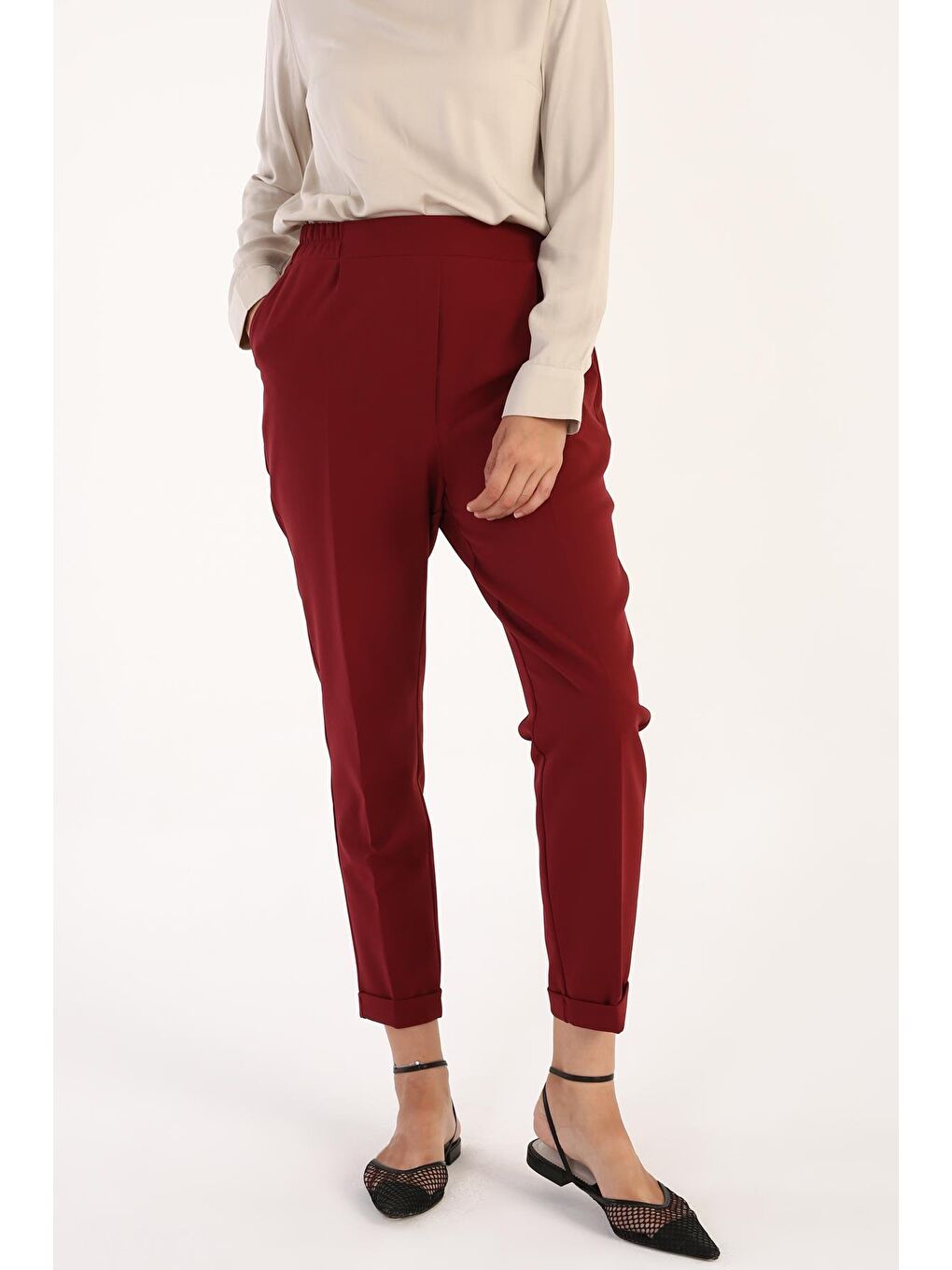 Bordo-Beli Lastikli Havuc Pantolon