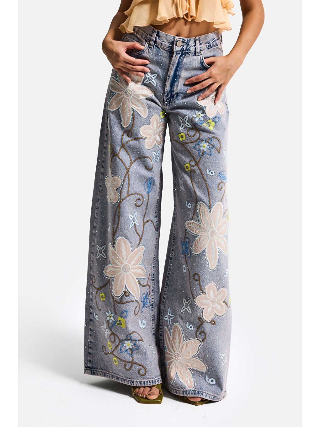 Mavi Kadın Jean Rengi T-3s6-89 Palazzo Fit Nakış ve Parlak Taşlı Özel Tasarım Denim Jean