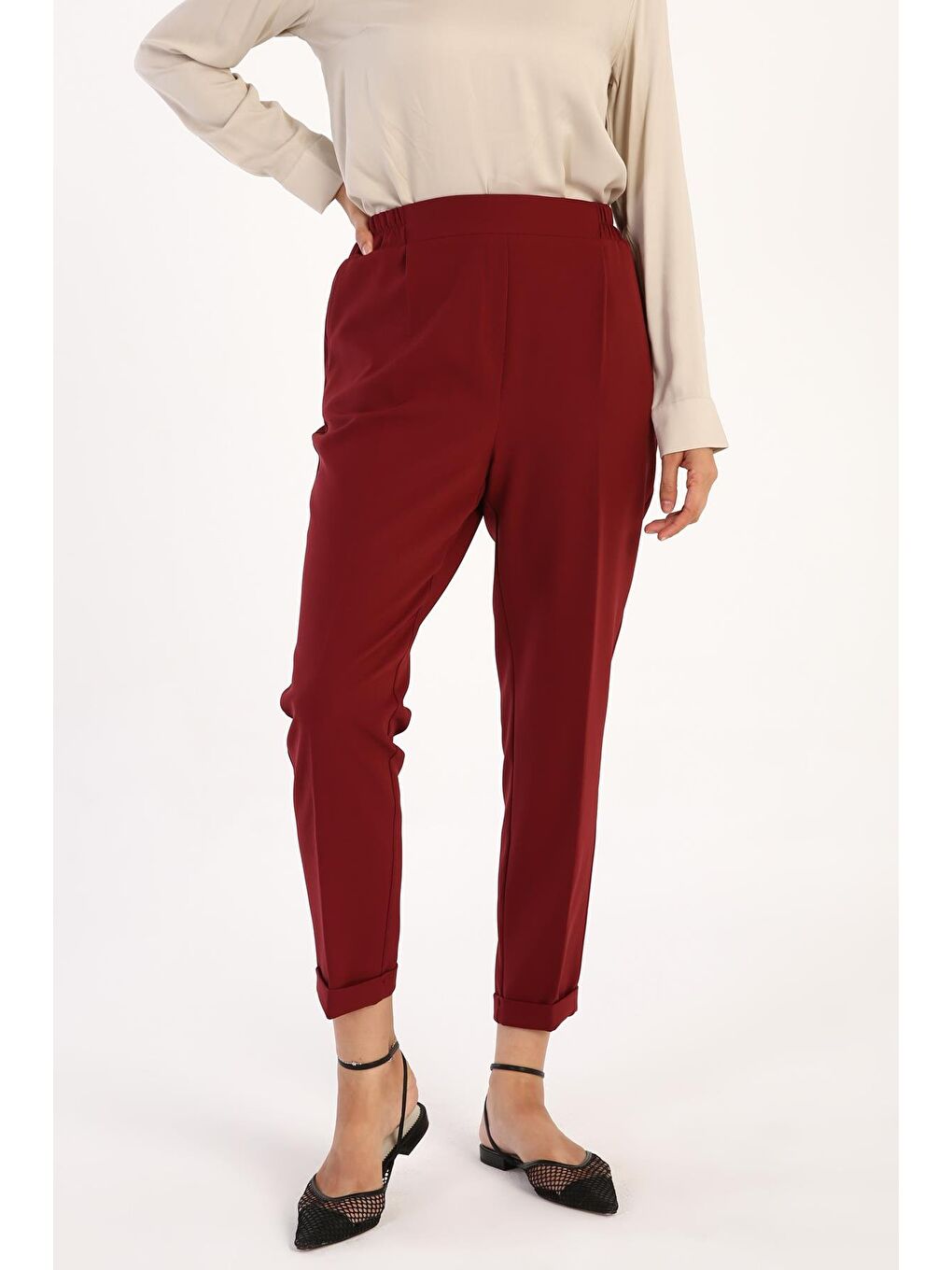 Bordo-Beli Lastikli Havuc Pantolon-1