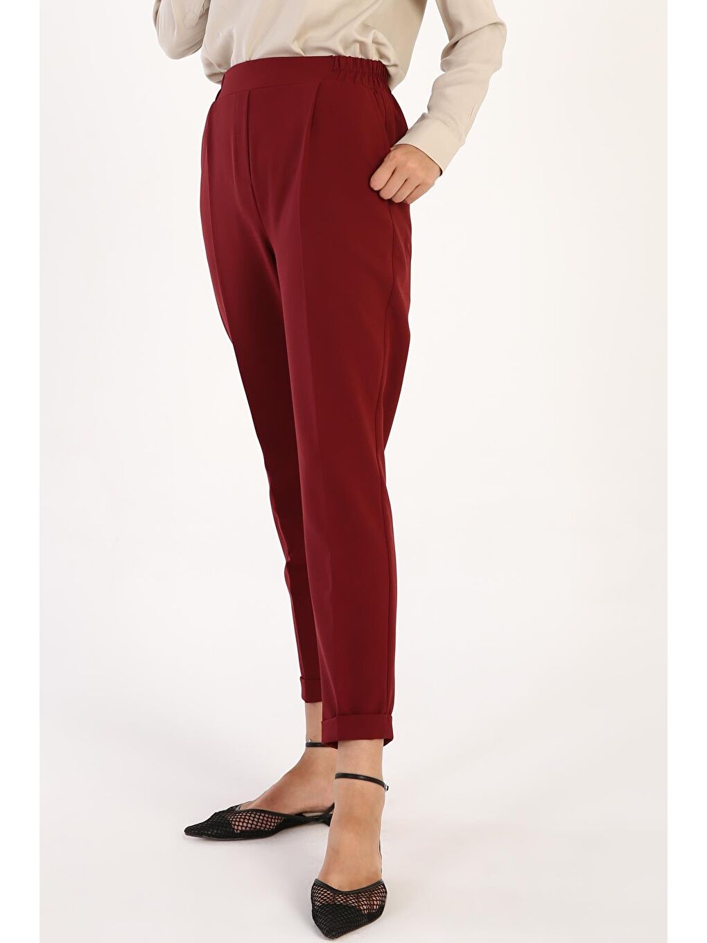 Bordo-Beli Lastikli Havuc Pantolon-2
