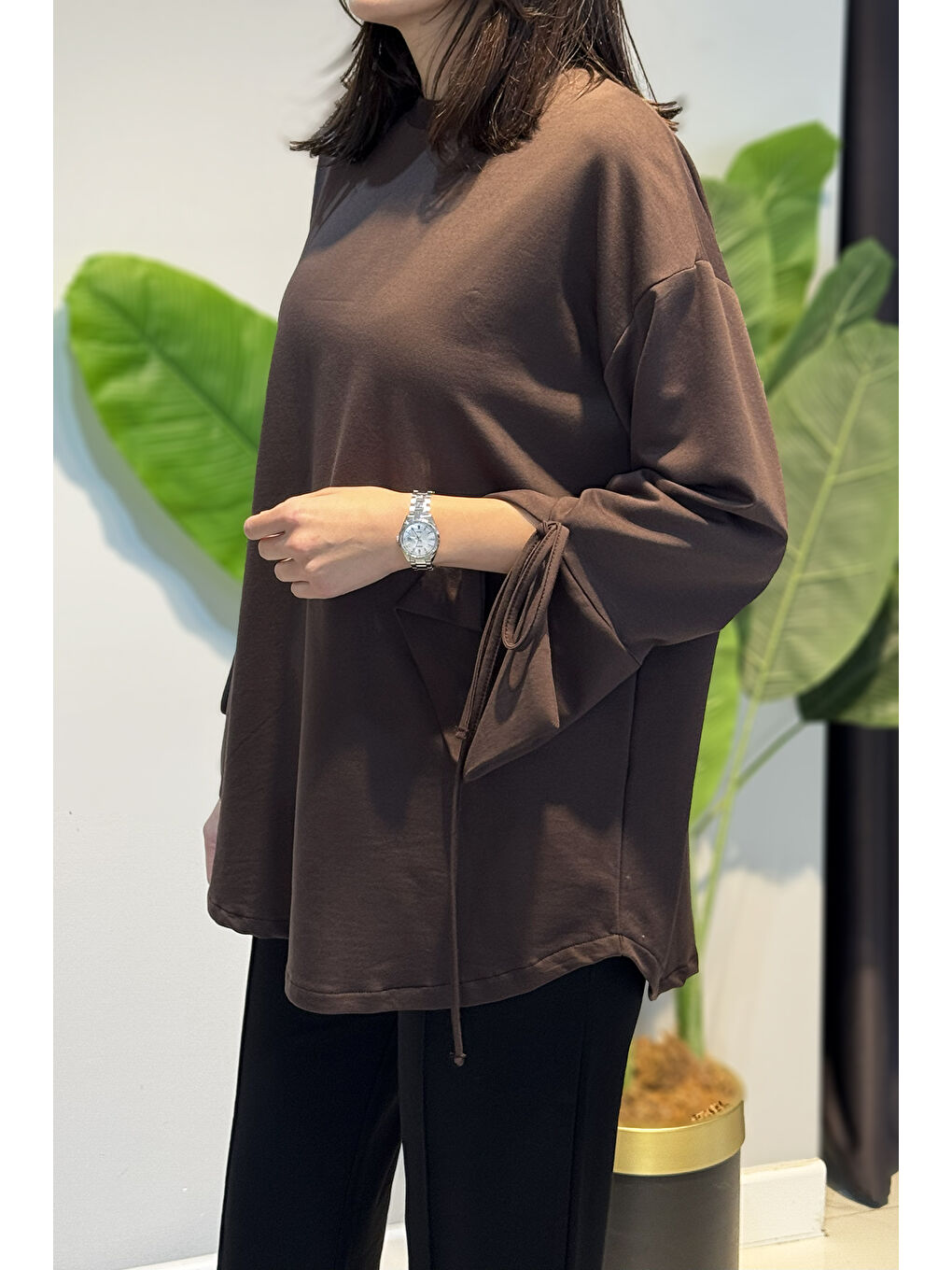 Kahverengi Manşeti ve Beli Bağcık Detay Sweat Tunik 3066 Kahve-1
