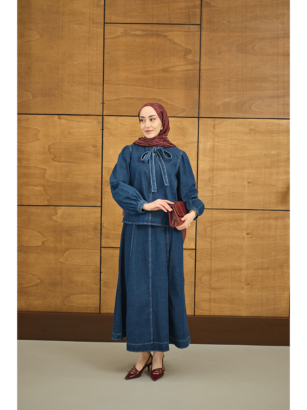 Kadın Yaka Bağlamalı Etekli Jean Takım Lacivert-2