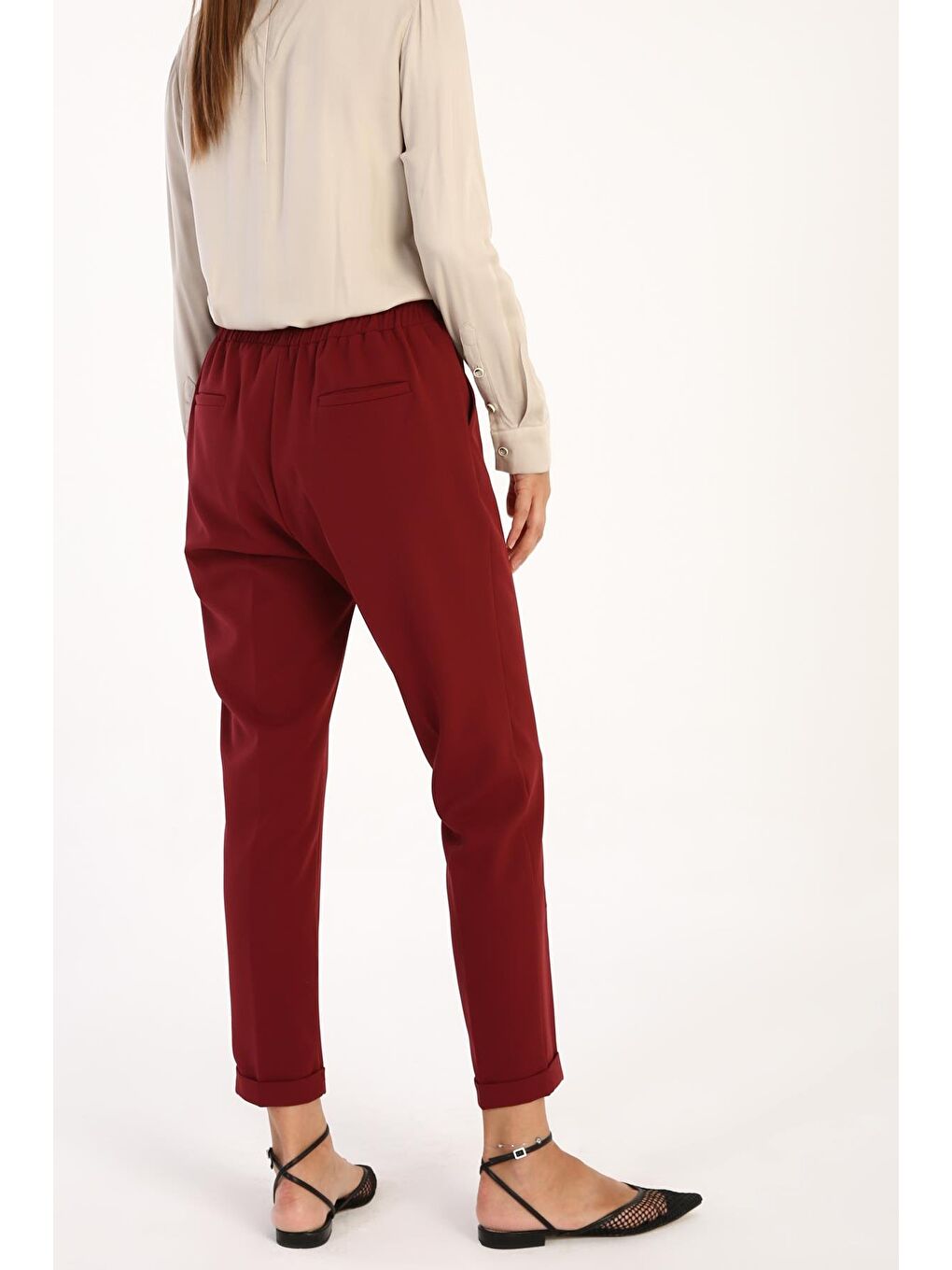 Bordo-Beli Lastikli Havuc Pantolon-3
