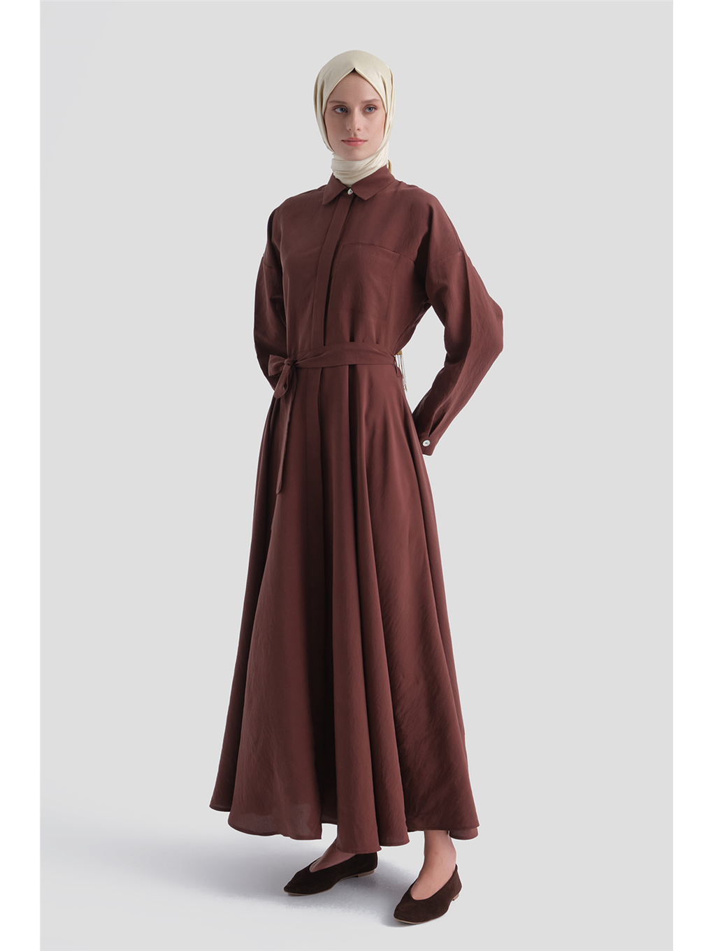 Kahverengi Kloş Etekli Elbise Acı Kahve-2