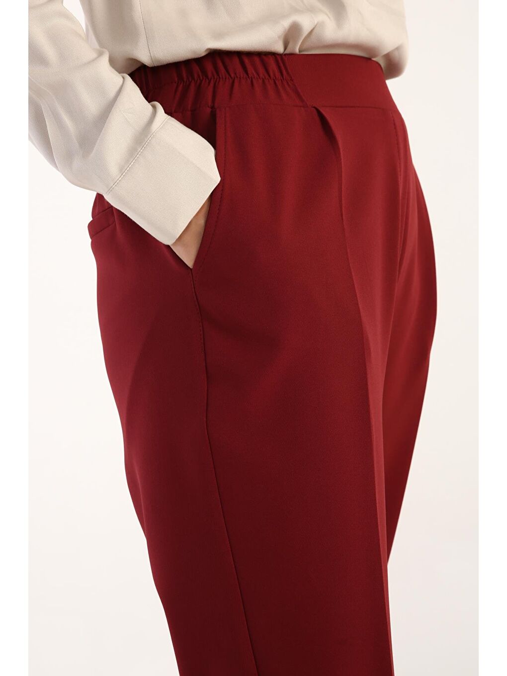 Bordo-Beli Lastikli Havuc Pantolon-4