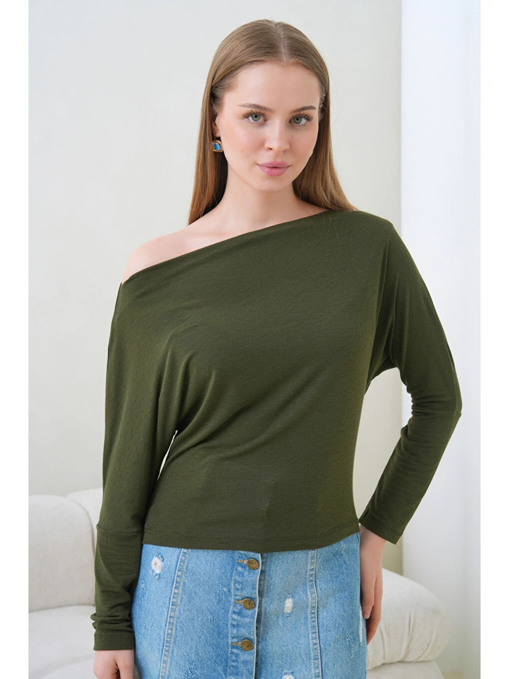 Haki Kadın Kayık Yaka Yarasa Kol Elastanlı Penye Bluz-3