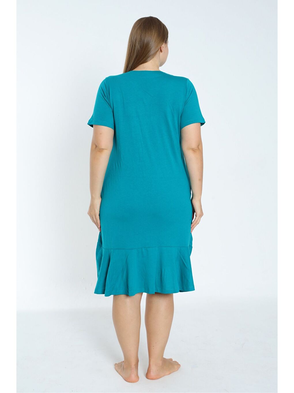 Turkuaz kadın büyük beden boydan düğmeli kısa kollu fırfırlı pamuklu elbise-3