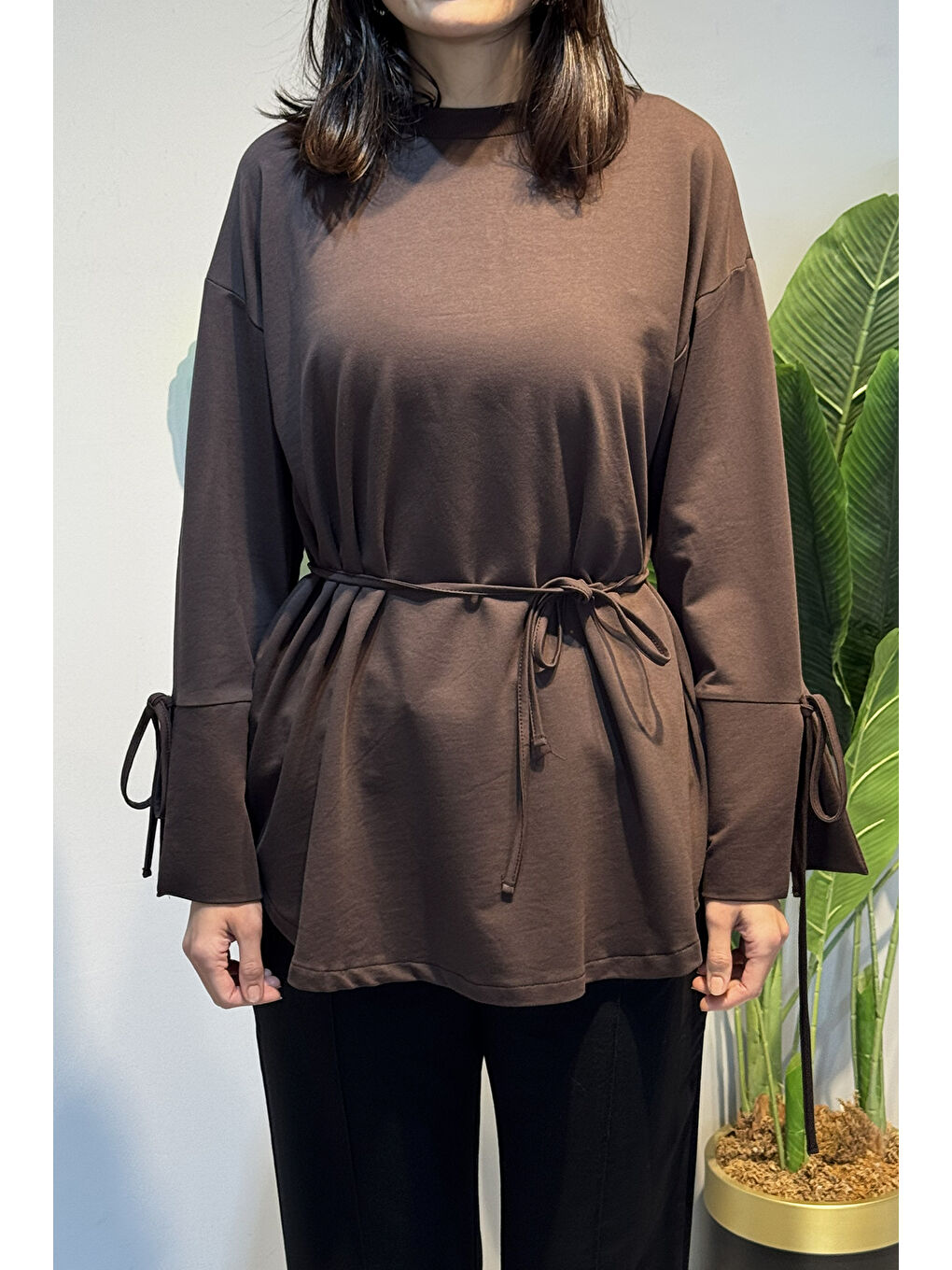 Kahverengi Manşeti ve Beli Bağcık Detay Sweat Tunik 3066 Kahve-2