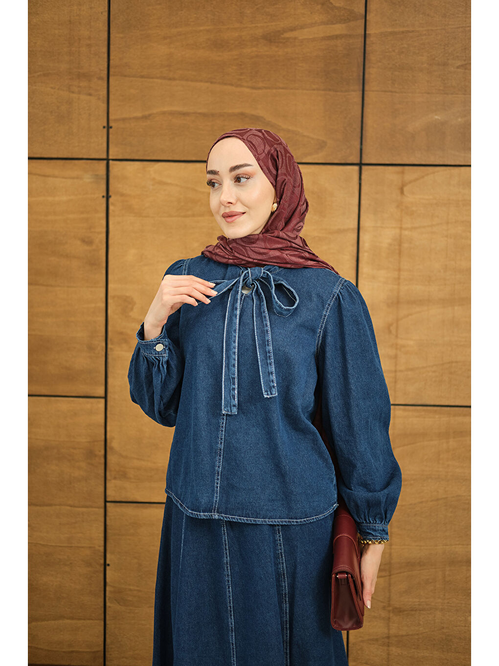 Kadın Yaka Bağlamalı Etekli Jean Takım Lacivert-3