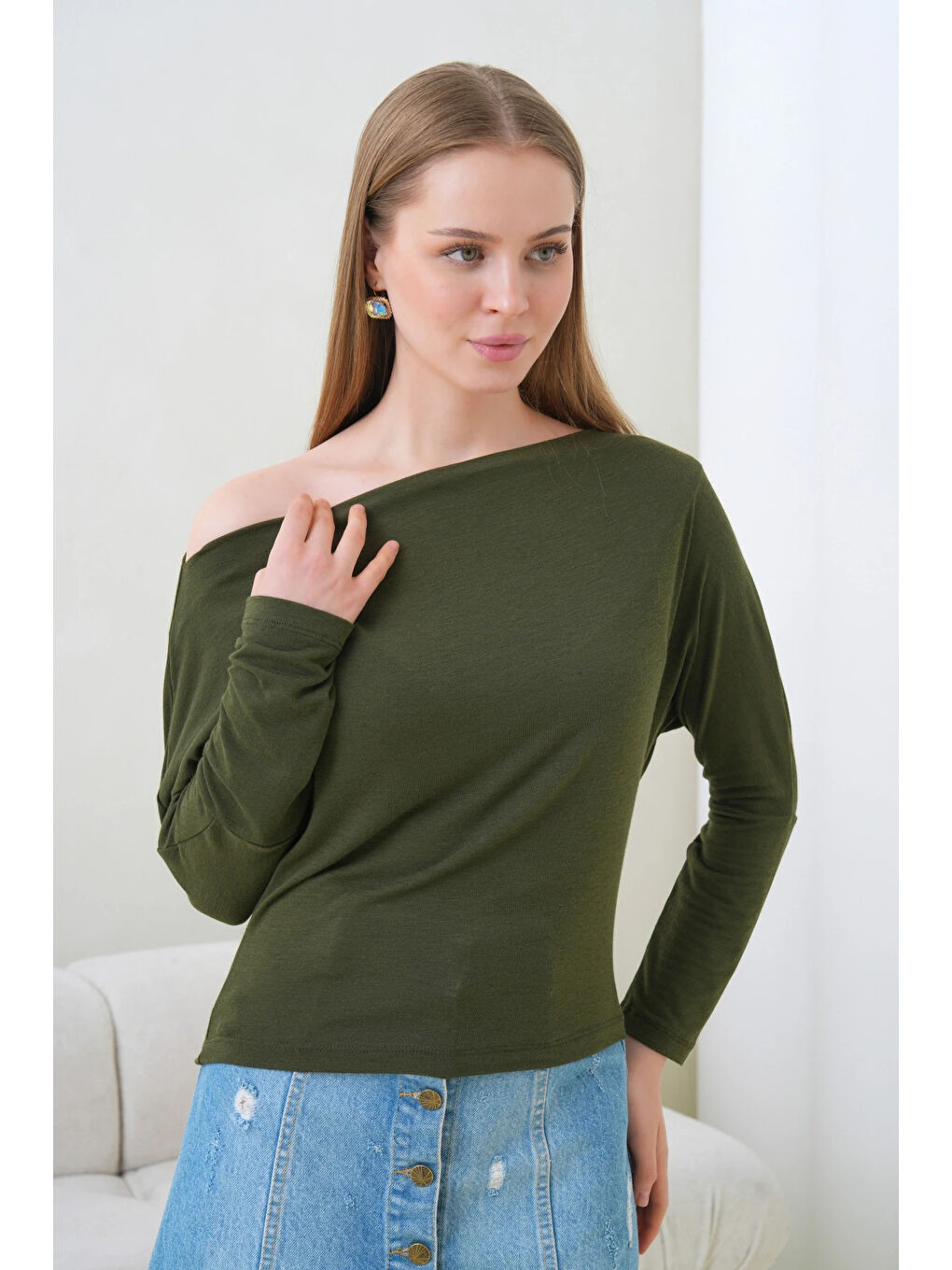 Haki Kadın Kayık Yaka Yarasa Kol Elastanlı Penye Bluz-4