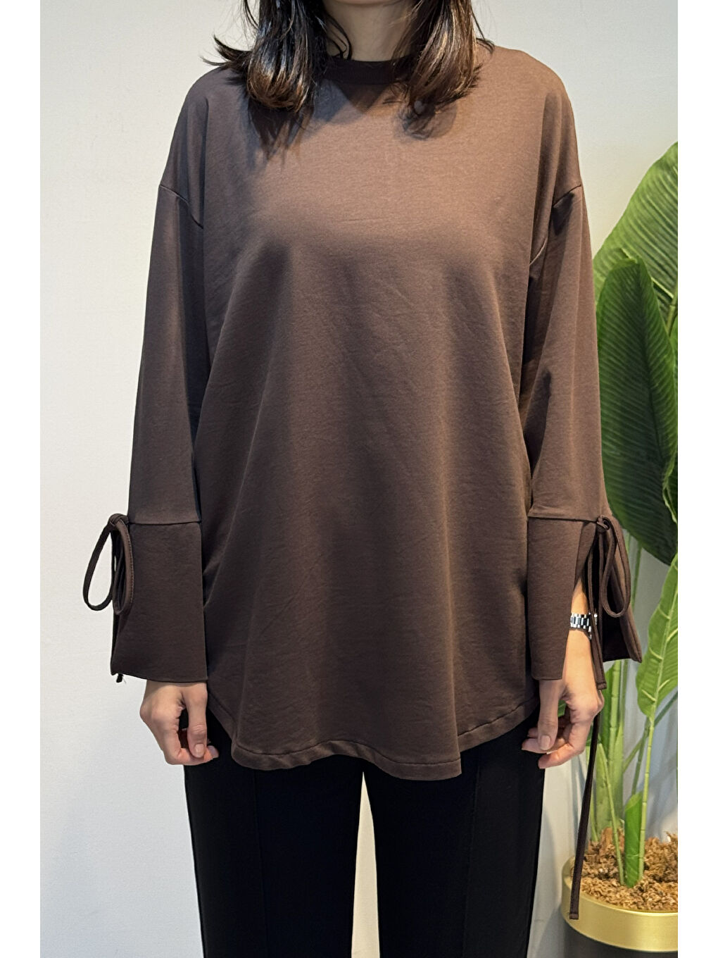 Kahverengi Manşeti ve Beli Bağcık Detay Sweat Tunik 3066 Kahve-3