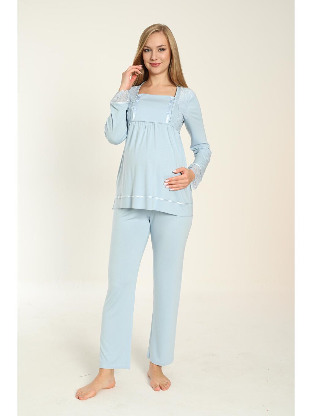 Uzun Kol Bebe Mavisi Hamile ve Lohusa Pijama Takımı-1