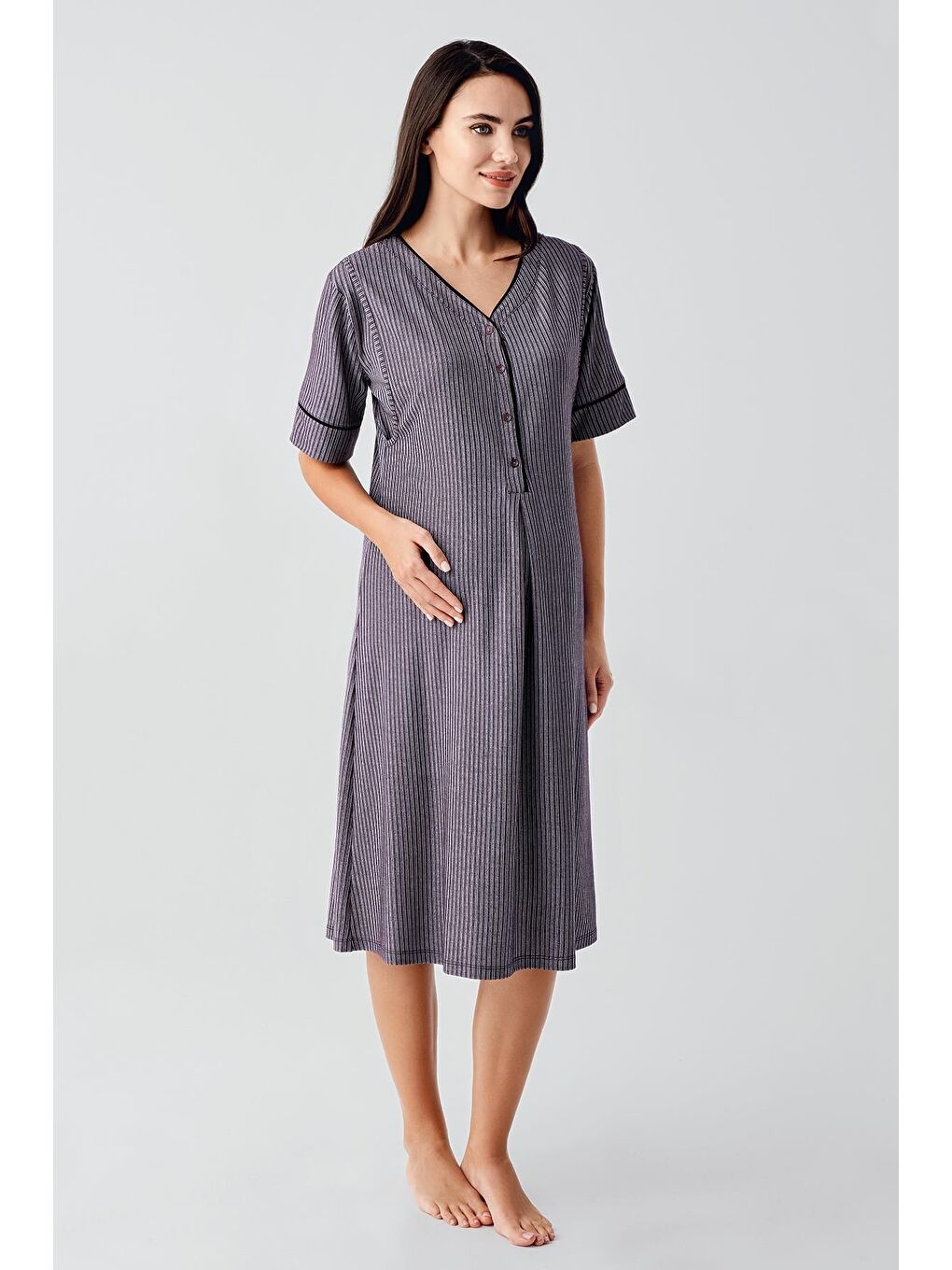 Mor Düğmeli Kısa Kısa Kollu Esnek Viskoz Hamile Gecelik 14128